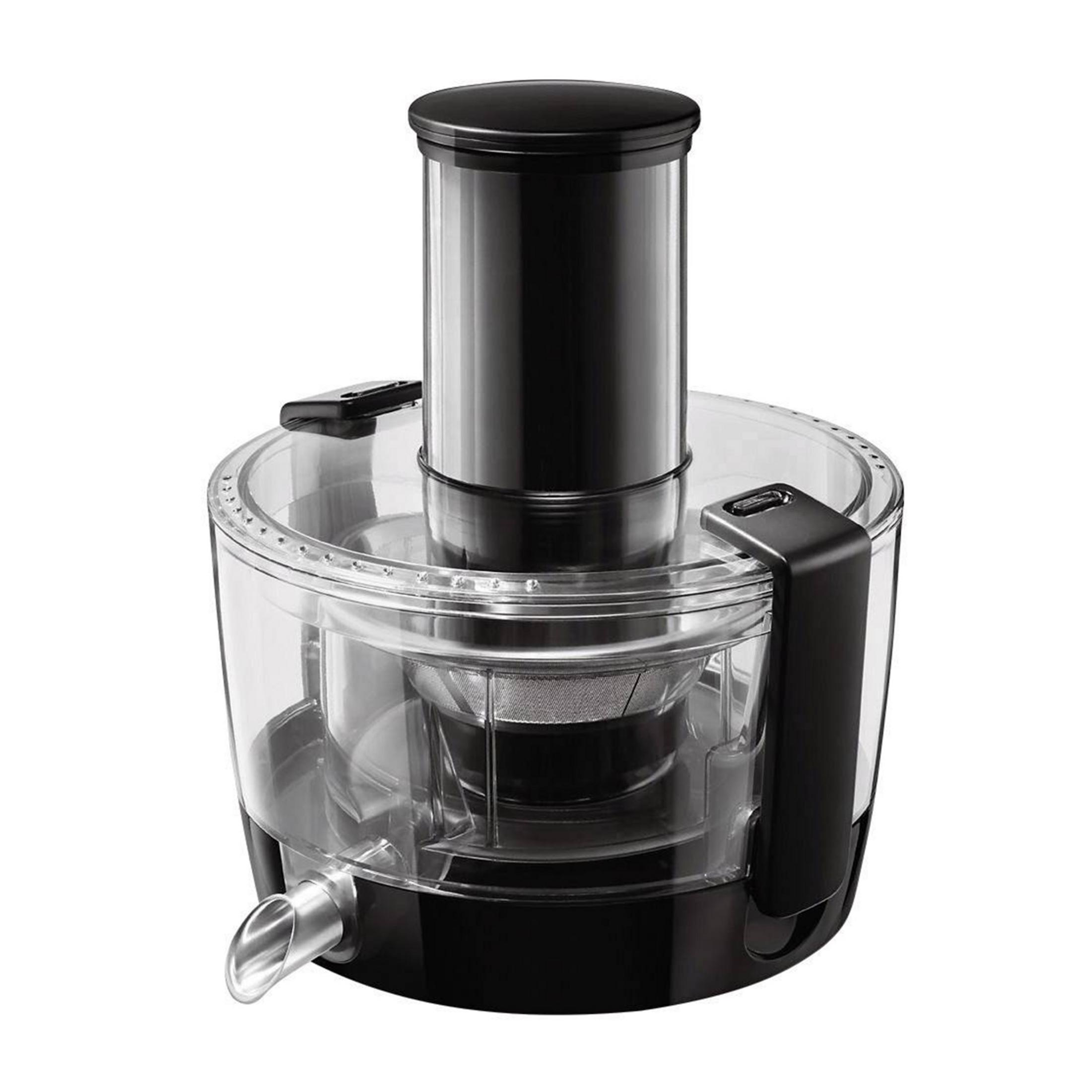 Czarna i przezroczysta wyciskarka do soków z srebrną wylewką.