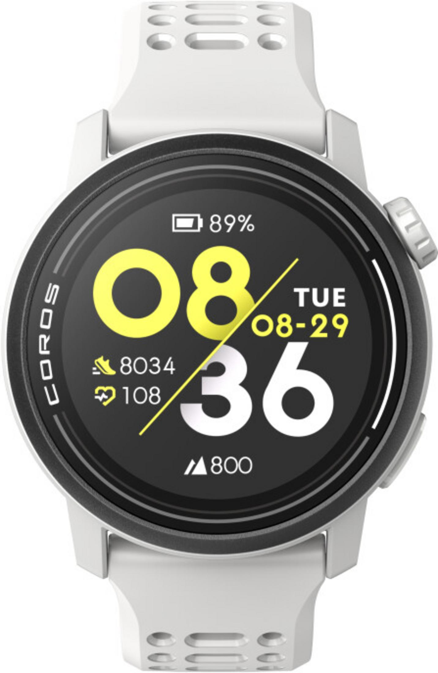 Biały smartwatch z czarną tarczą pokazującą 89% baterii.
