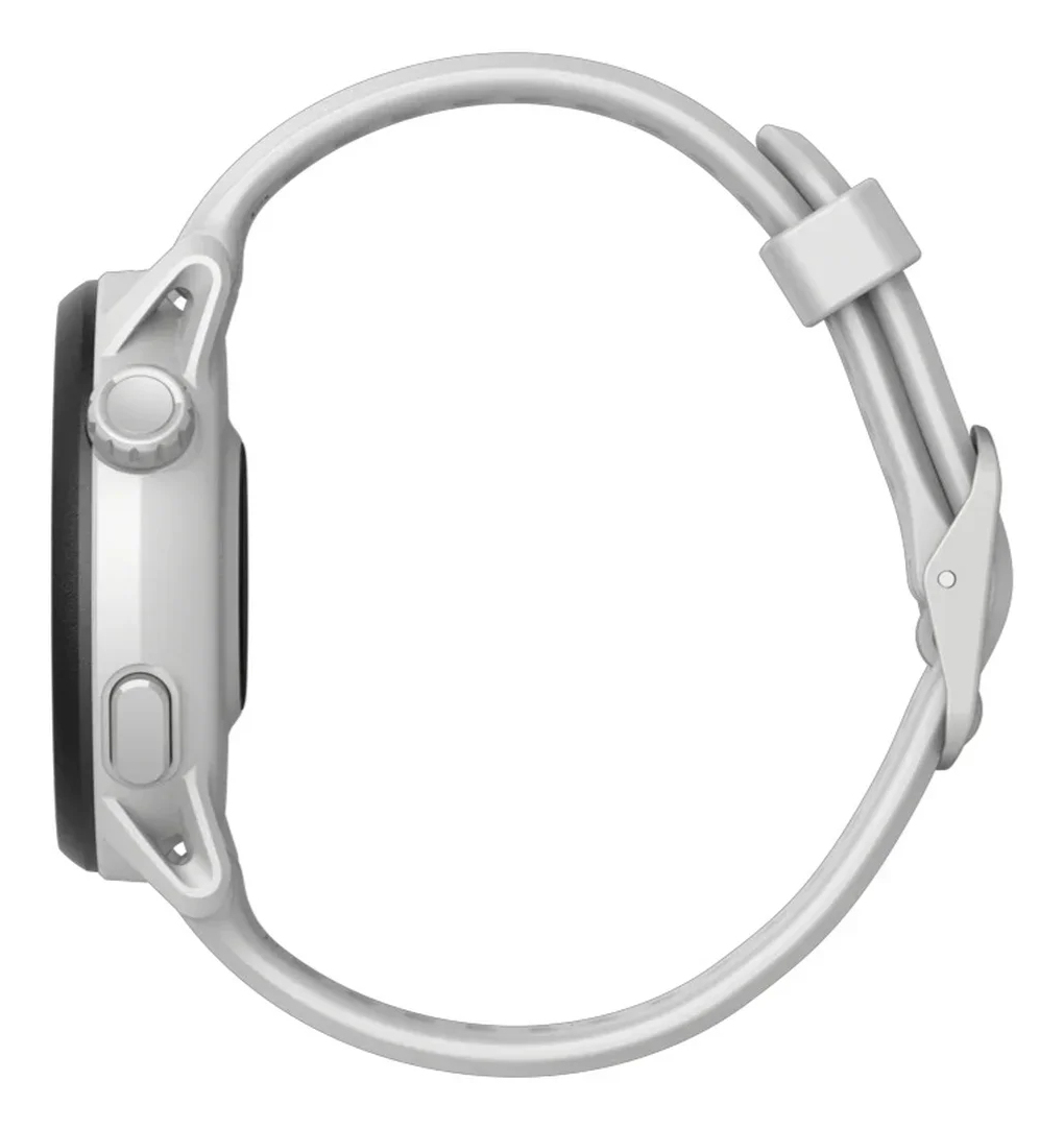 Srebrny smartwatch z białym paskiem, widziany z boku.
