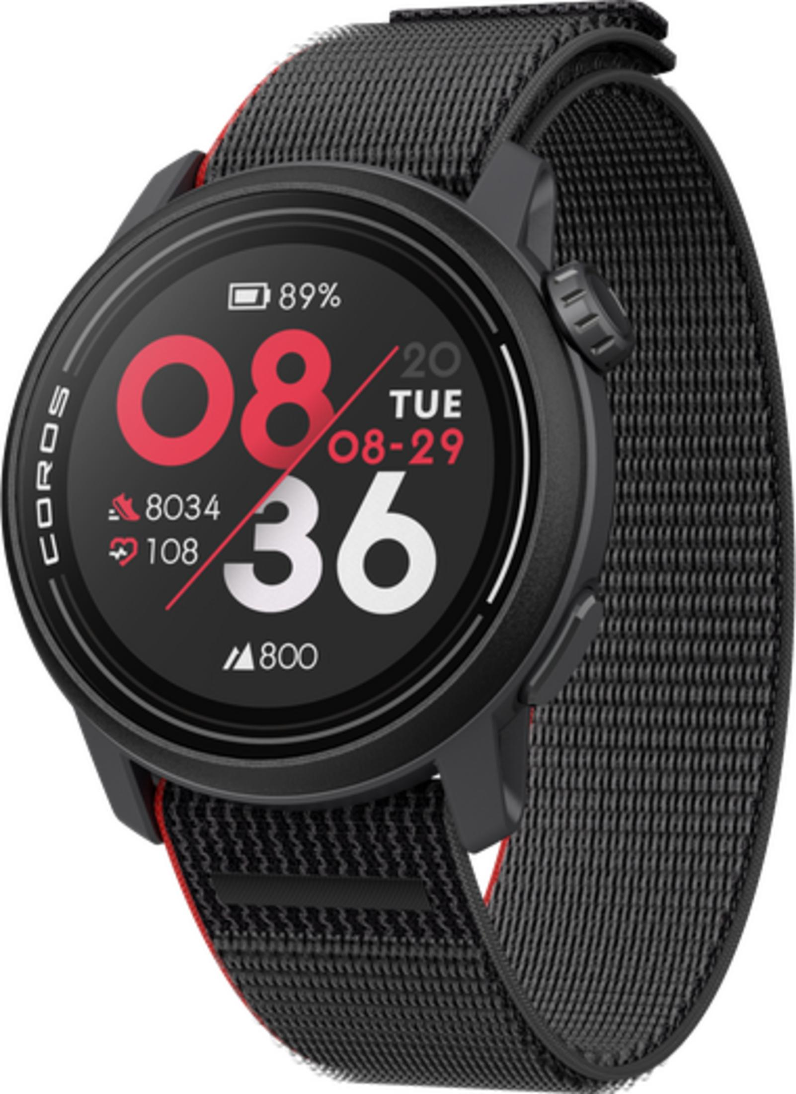 Smartwatch nero con accento rosso, mostra 89% batteria, ore 08:36, 08-29.