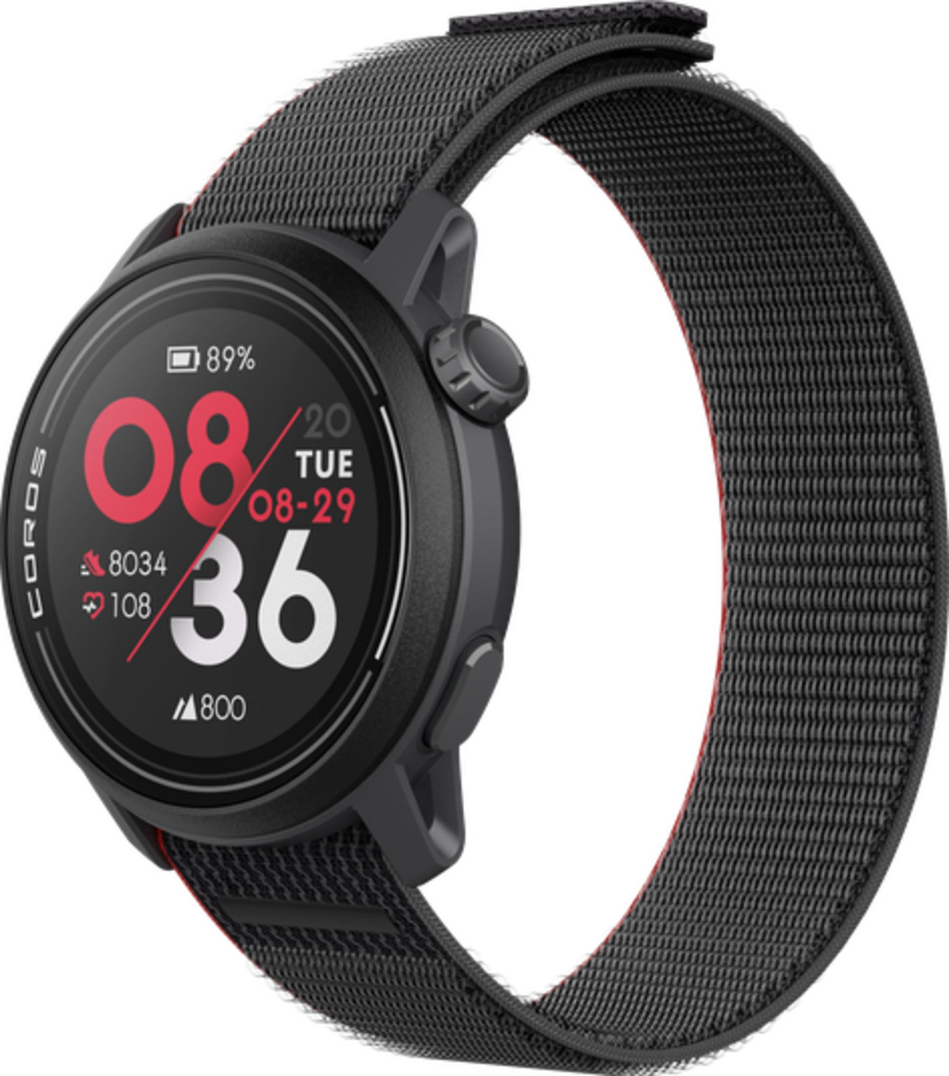 Uno smartwatch nero con cinturino rosso, mostra 89% batteria, 8034 passi, 108 battiti cardiaci.