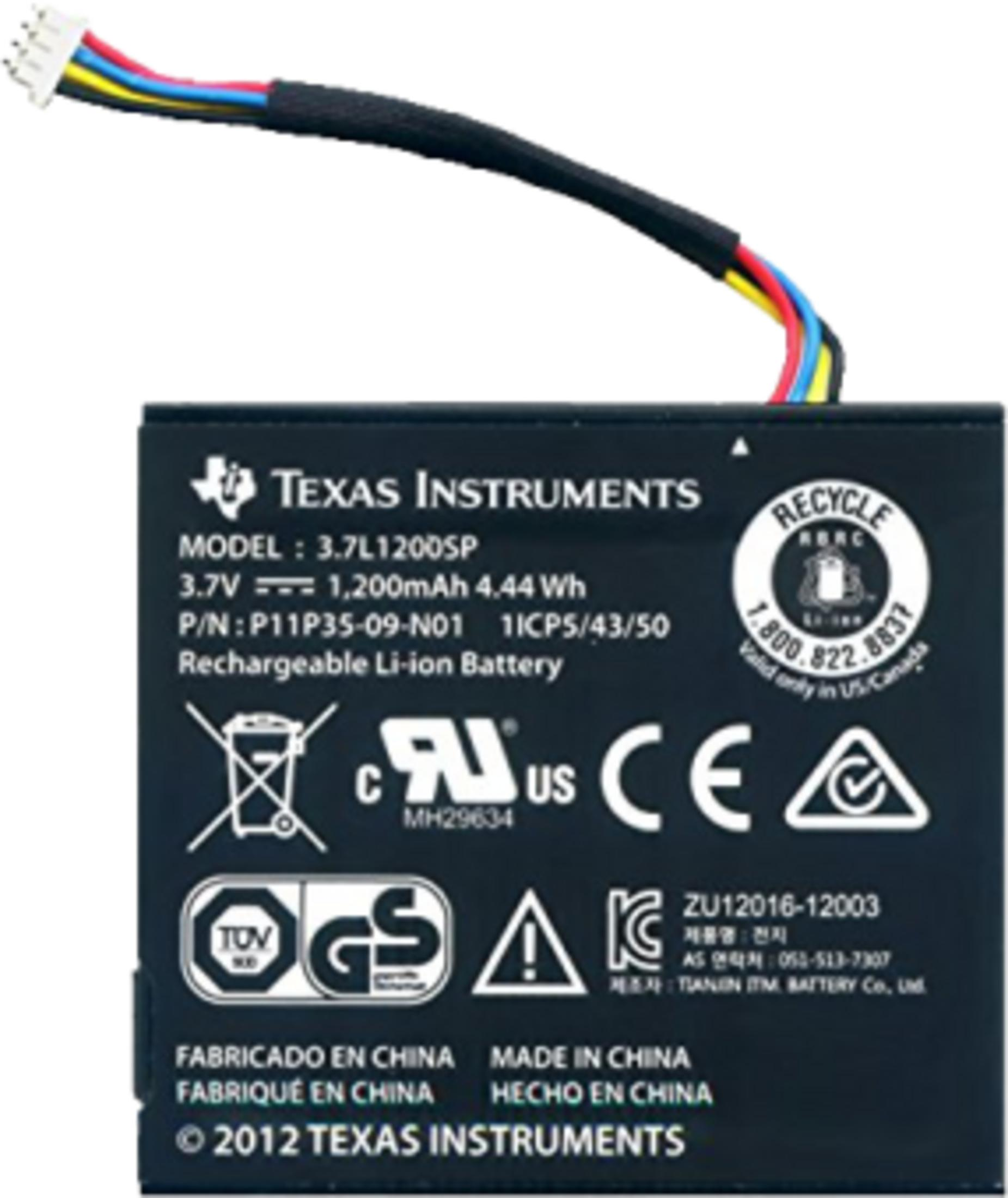 Texas Instruments Li-Ion Akku mit Kabel und Zertifizierungszeichen.