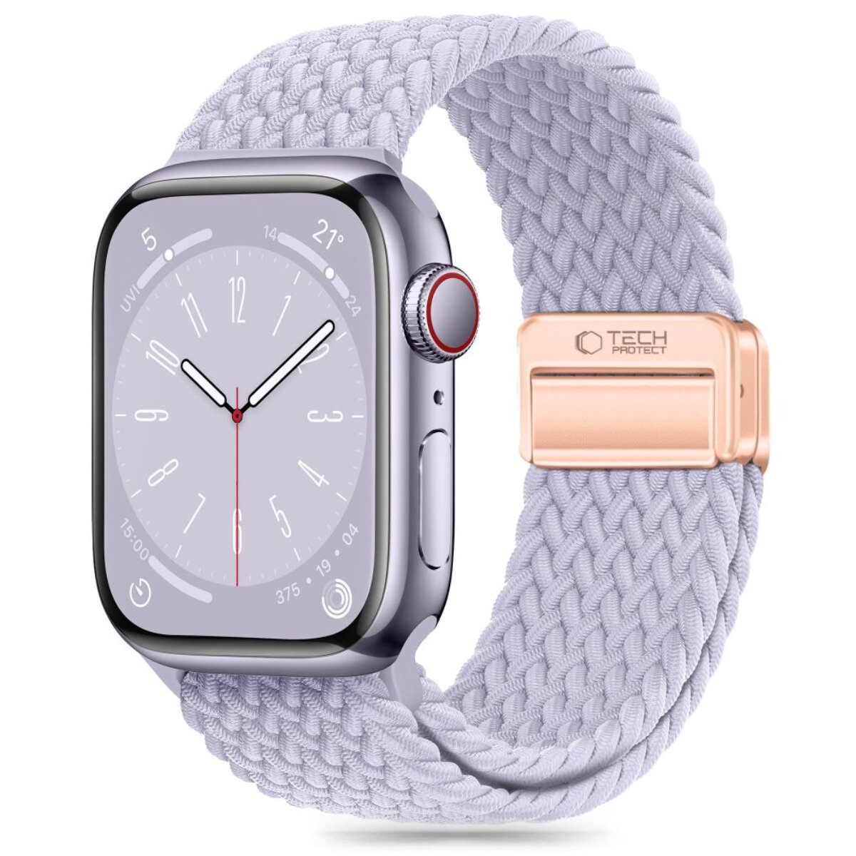 Eine silberne Smartwatch mit einem hellvioletten geflochtenen Armband und roséfarbener Schließe.