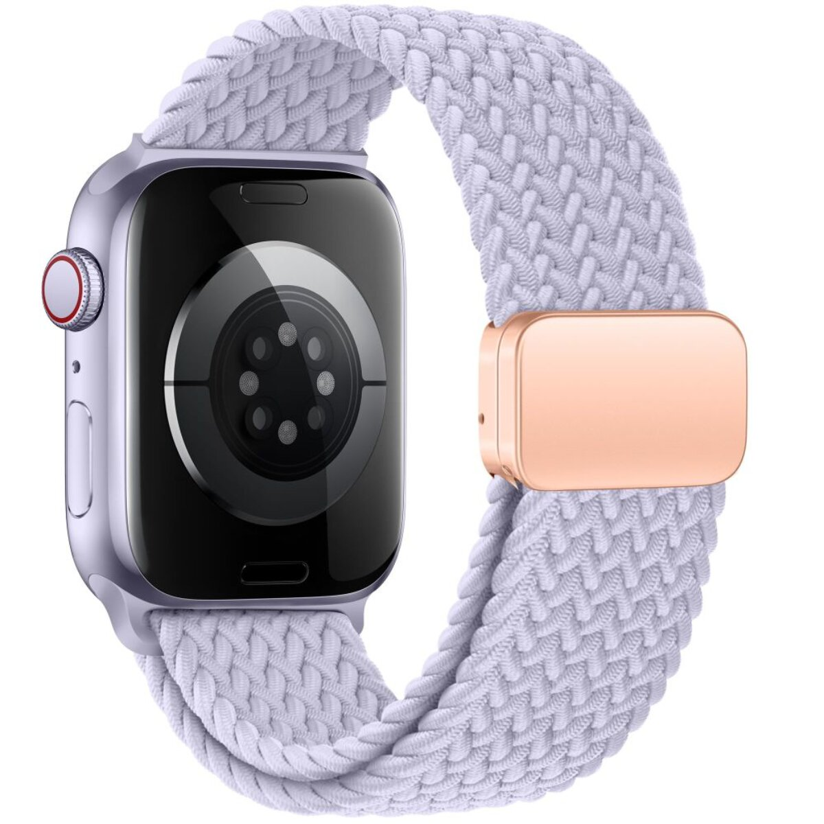 Ein hellviolettes geflochtenes Uhrenarmband ist an einer silbernen Smartwatch befestigt. Das Band hat eine Roségoldschließe.