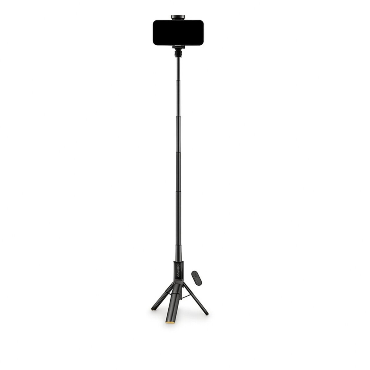 Ein schwarzer Selfie-Stick mit Stativ und Handyhalterung auf weißem Hintergrund.