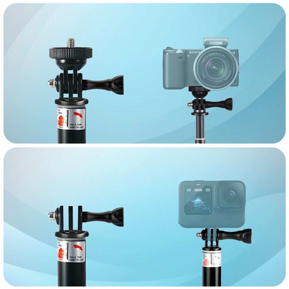 Adattatori per fotocamere e action cam su aste di prolunga.