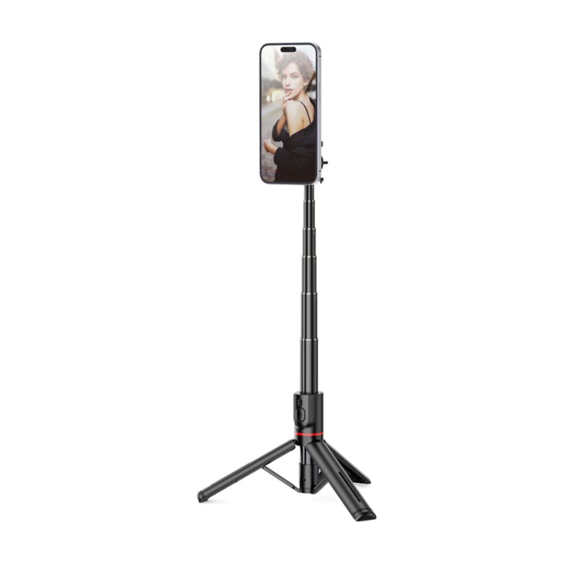 Ein schwarzer Selfie-Stick mit Stativ und einem Smartphone, das eine Frau zeigt.