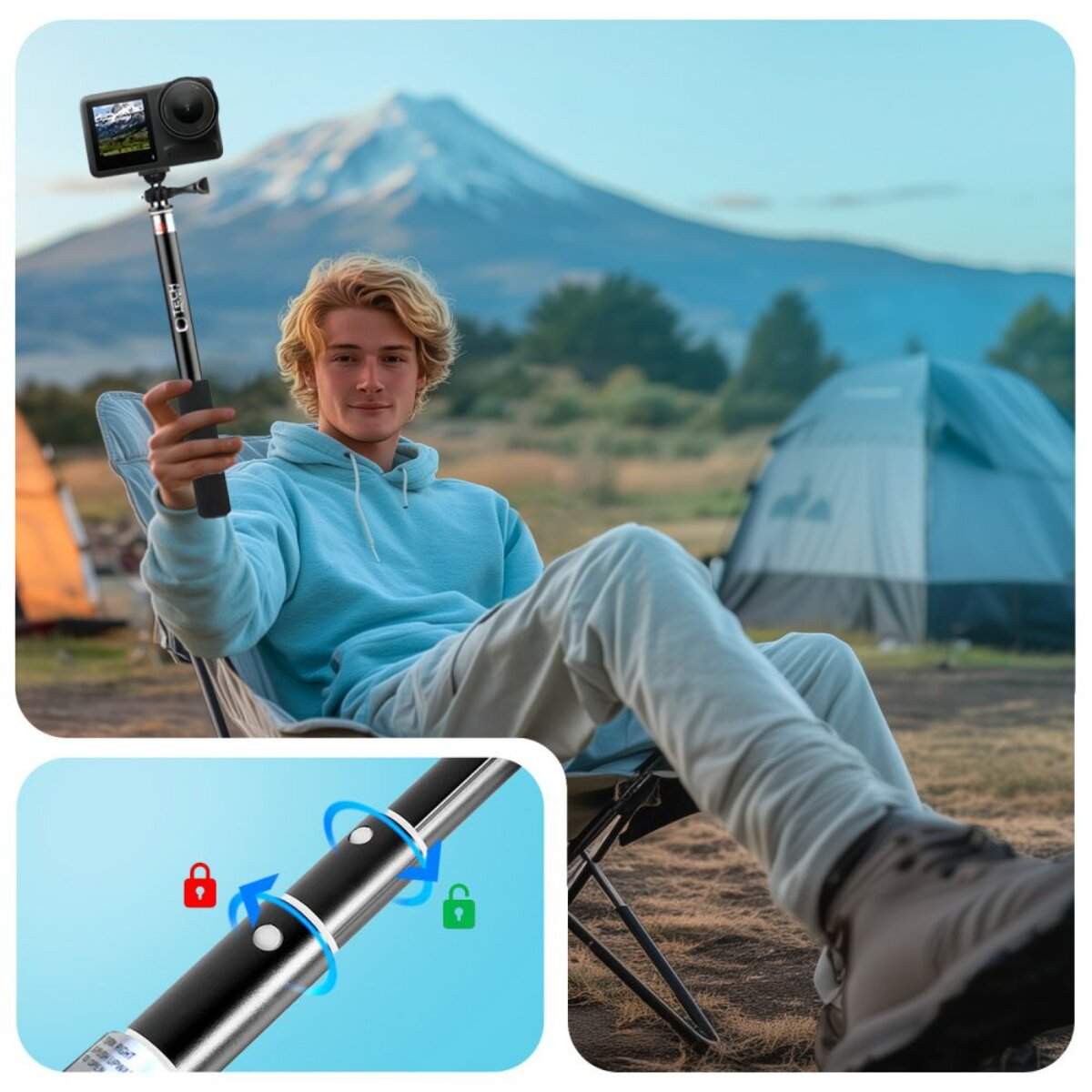 Un uomo seduto all'aperto con una fotocamera su un selfie stick. Montagne sullo sfondo.