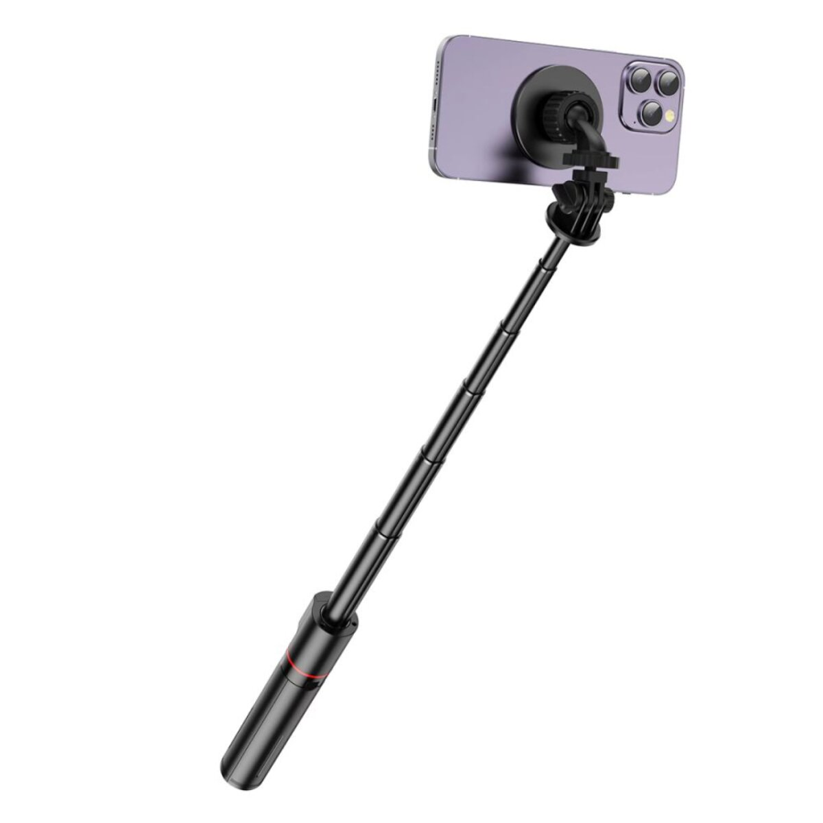 Ein schwarzer ausziehbarer Selfie-Stick mit einem lila Smartphone, das daran befestigt ist.