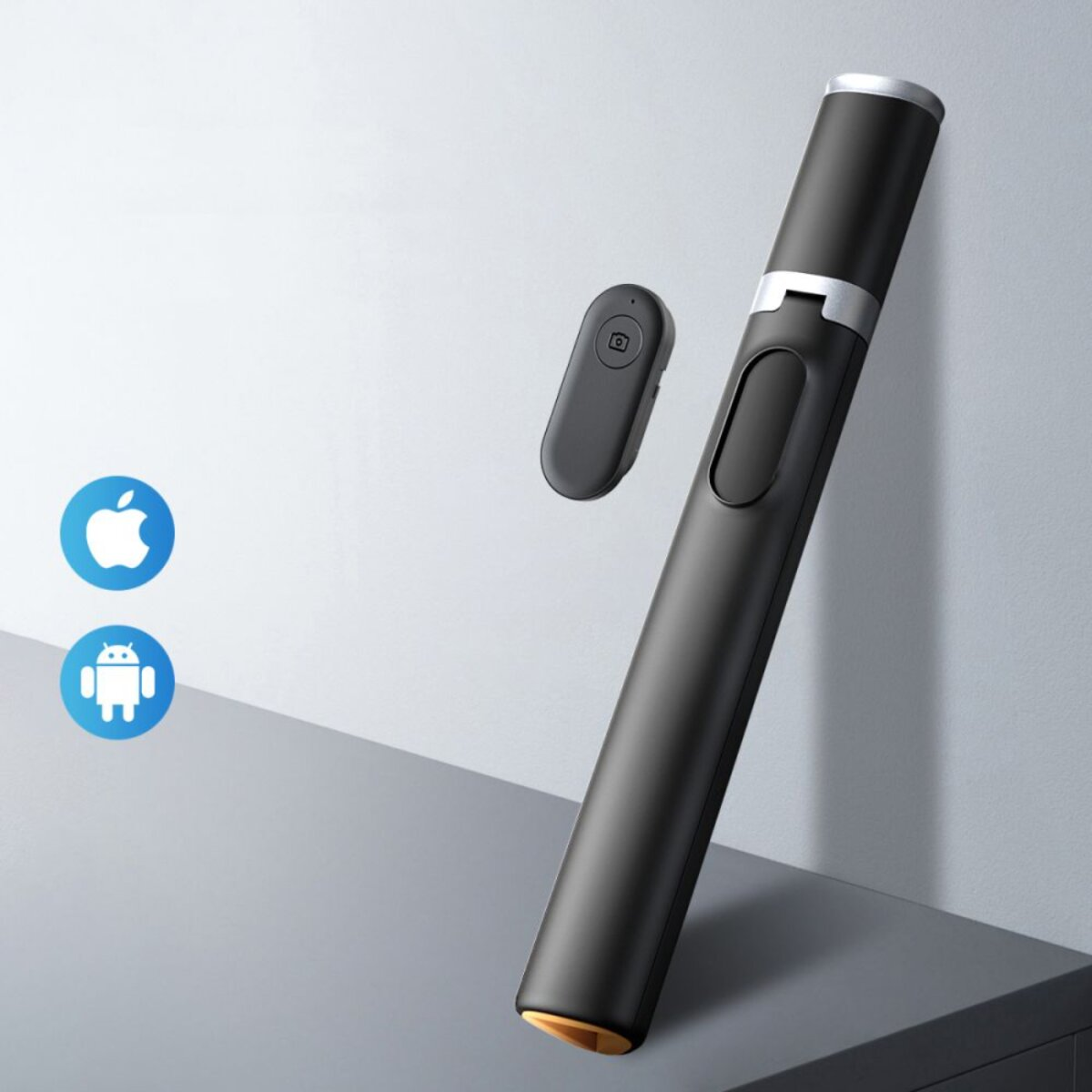 Ein schwarzer Selfie-Stick mit Fernbedienung und Apple/Android-Symbolen.