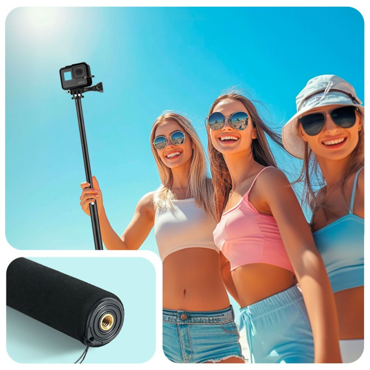 Tre donne in spiaggia con selfie stick e fotocamera. Dettaglio impugnatura.