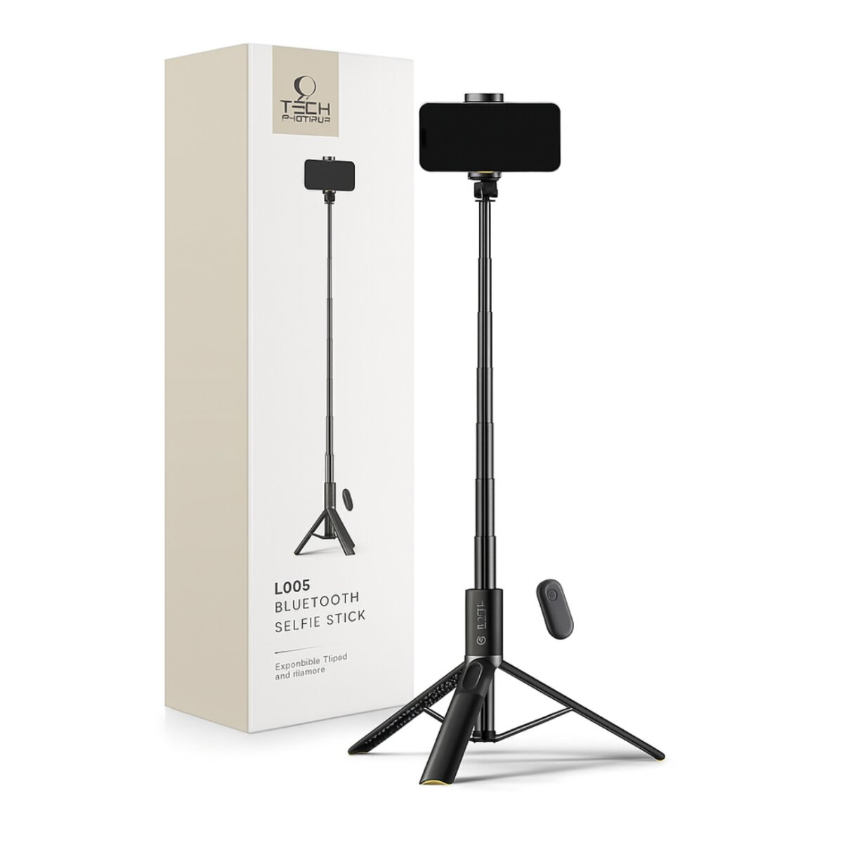 Ein ausziehbarer Selfie-Stick mit Stativ und Fernbedienung, gehalten von einem Smartphone.