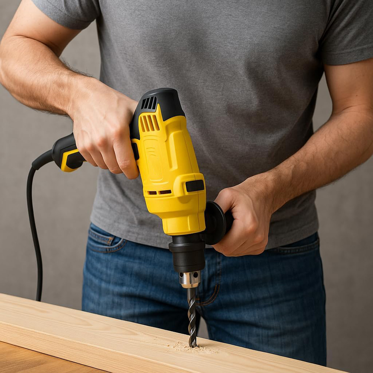 Persona taladrando madera con taladro amarillo.