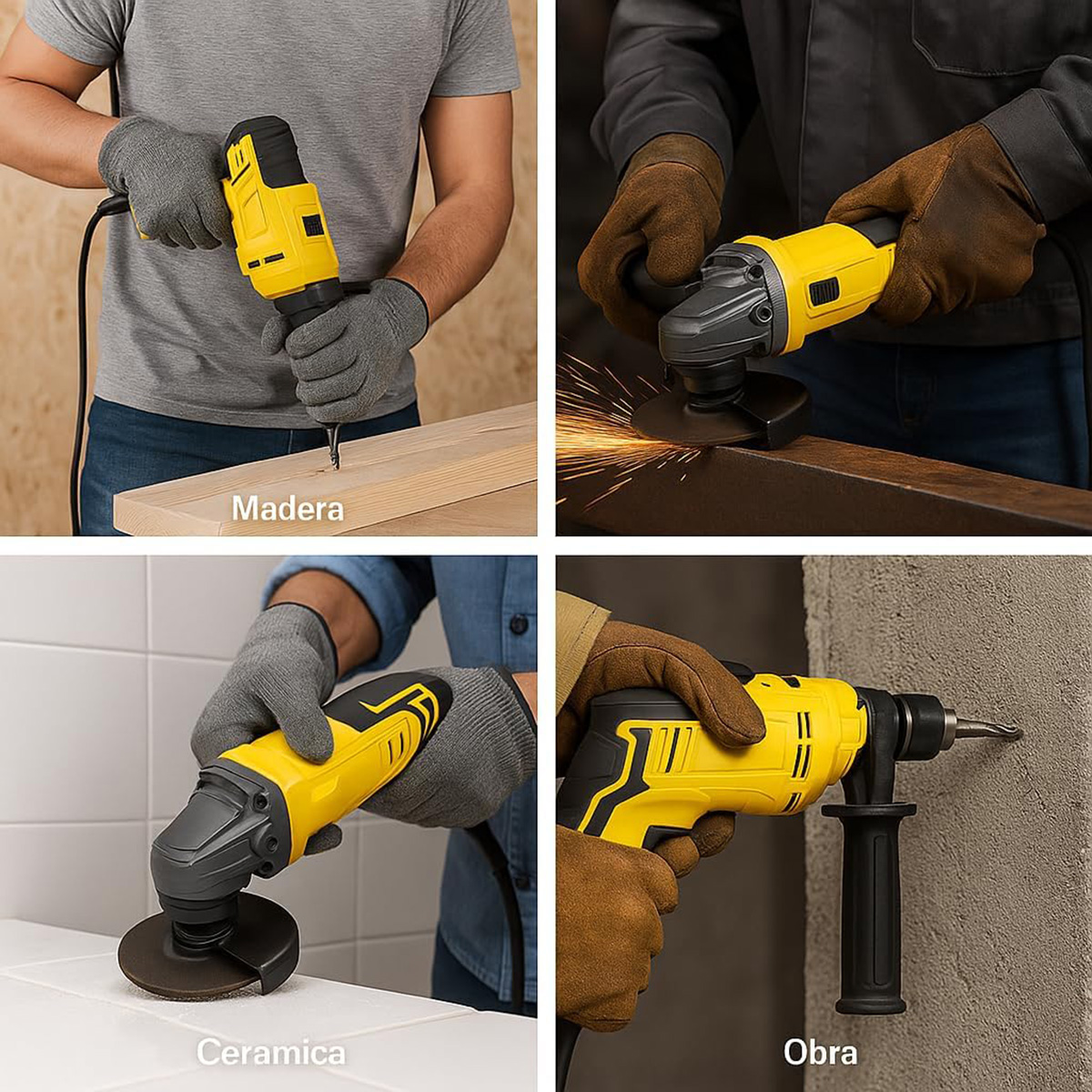 Cuatro herramientas en acción: taladrando madera, amoladora con chispas, lijando azulejos, taladrando pared.