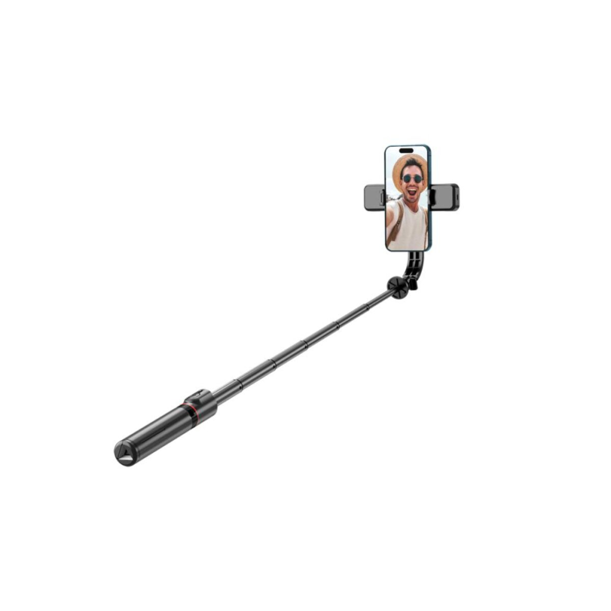 Ein ausziehbarer Selfie-Stick mit einem Smartphone, das ein lachendes Mann zeigt.