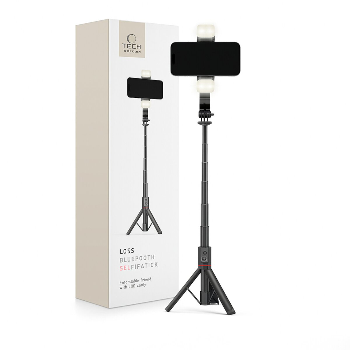 Ein ausziehbarer Selfie-Stick mit Stativ und Handyhalterung, mit Licht.