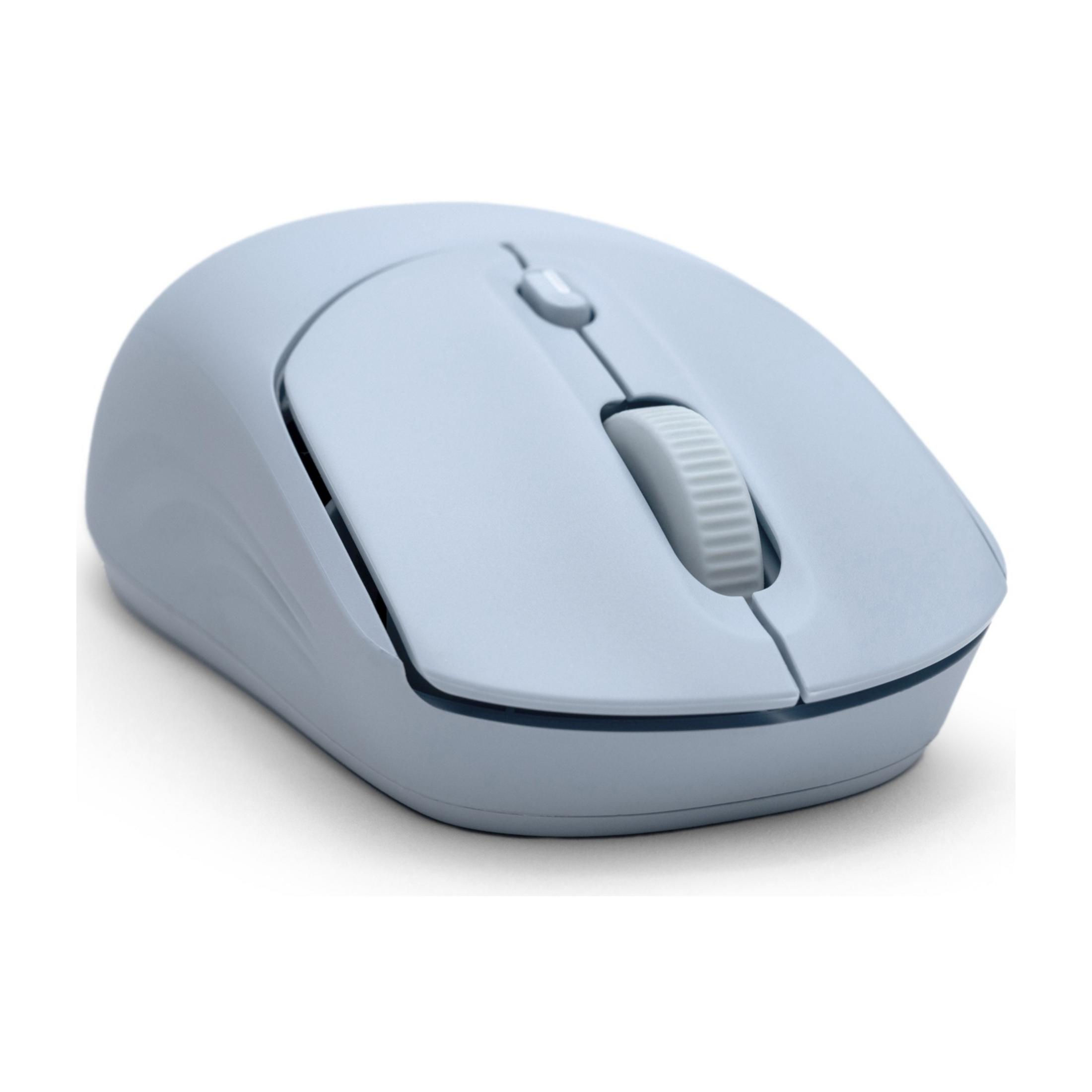 Jasnoniebieska mysz komputerowa z kółkiem przewijania, na białym tle.