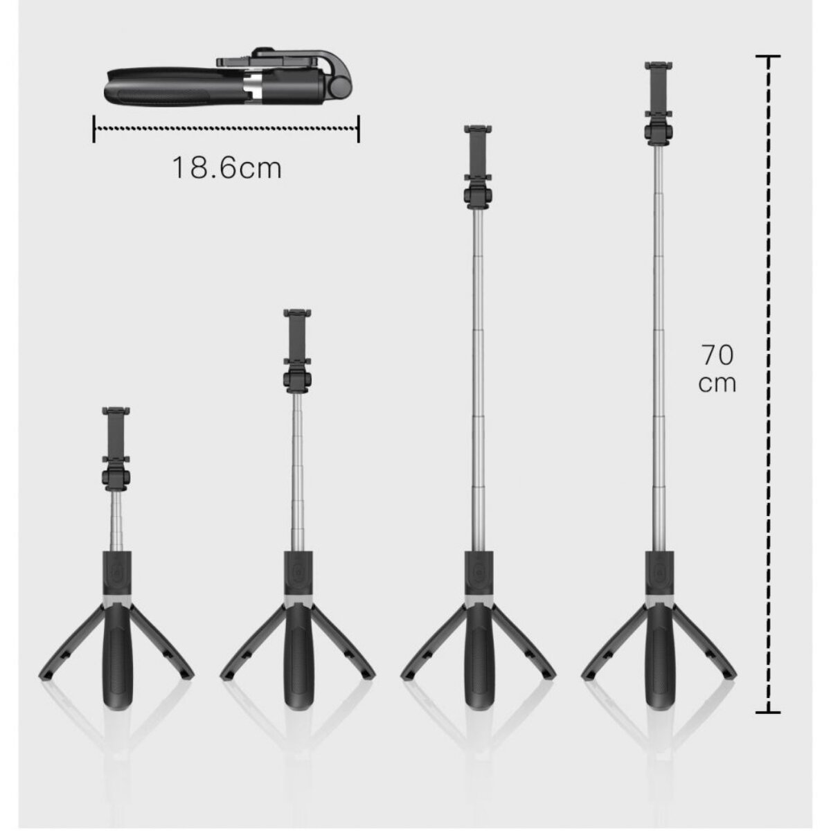 Ein ausziehbarer Selfie-Stick mit Stativ in verschiedenen Längen.