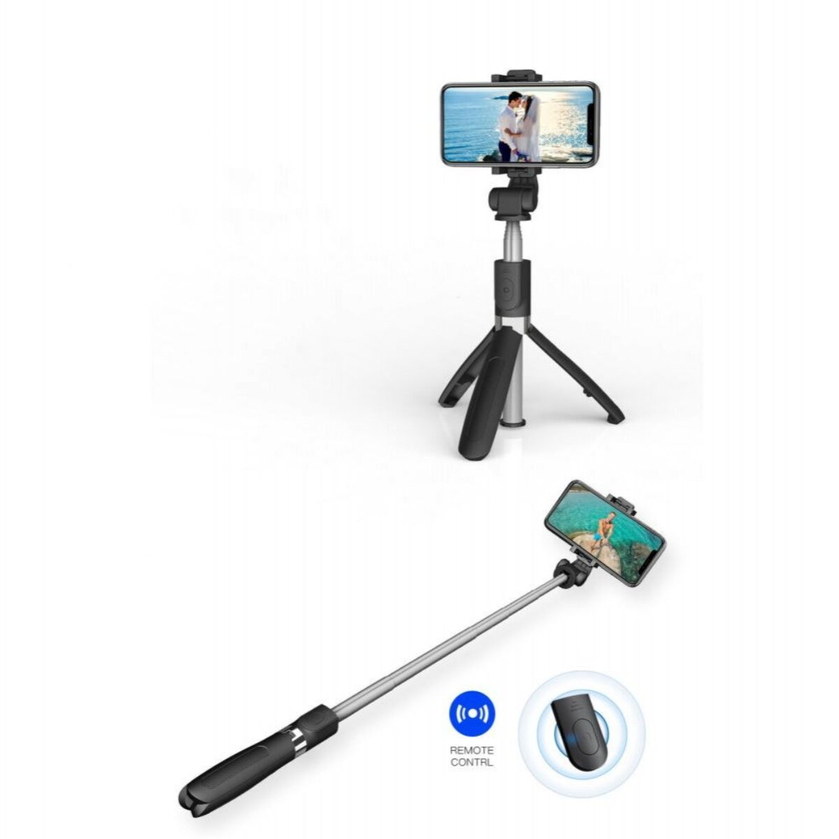 Ein Smartphone auf einem Stativ und ein Selfie-Stick mit Fernbedienung.