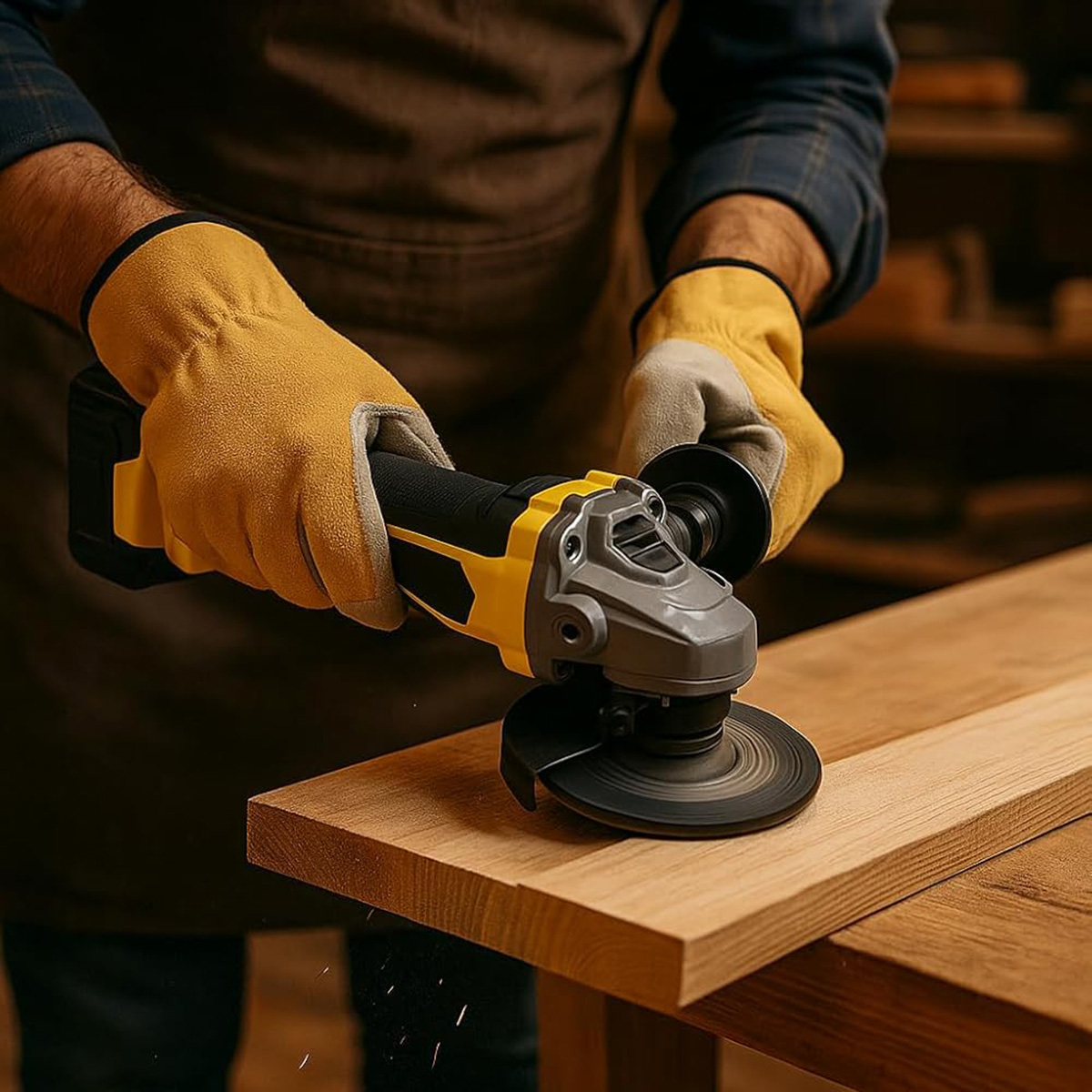 Un artesano lija madera con una amoladora angular. Guantes amarillos y delantal marrón.