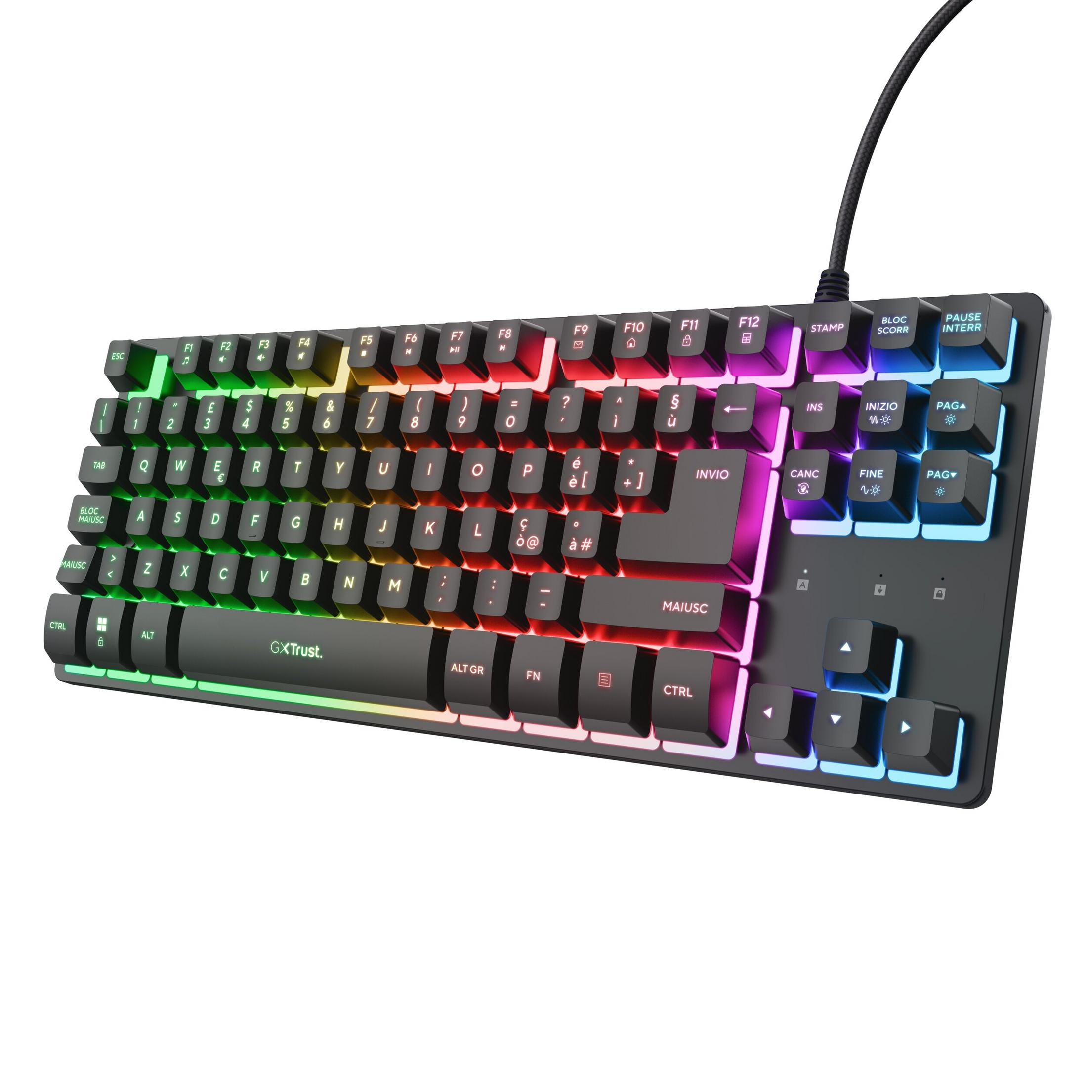 Un teclado negro con iluminación RGB. Las teclas están iluminadas en varios colores.