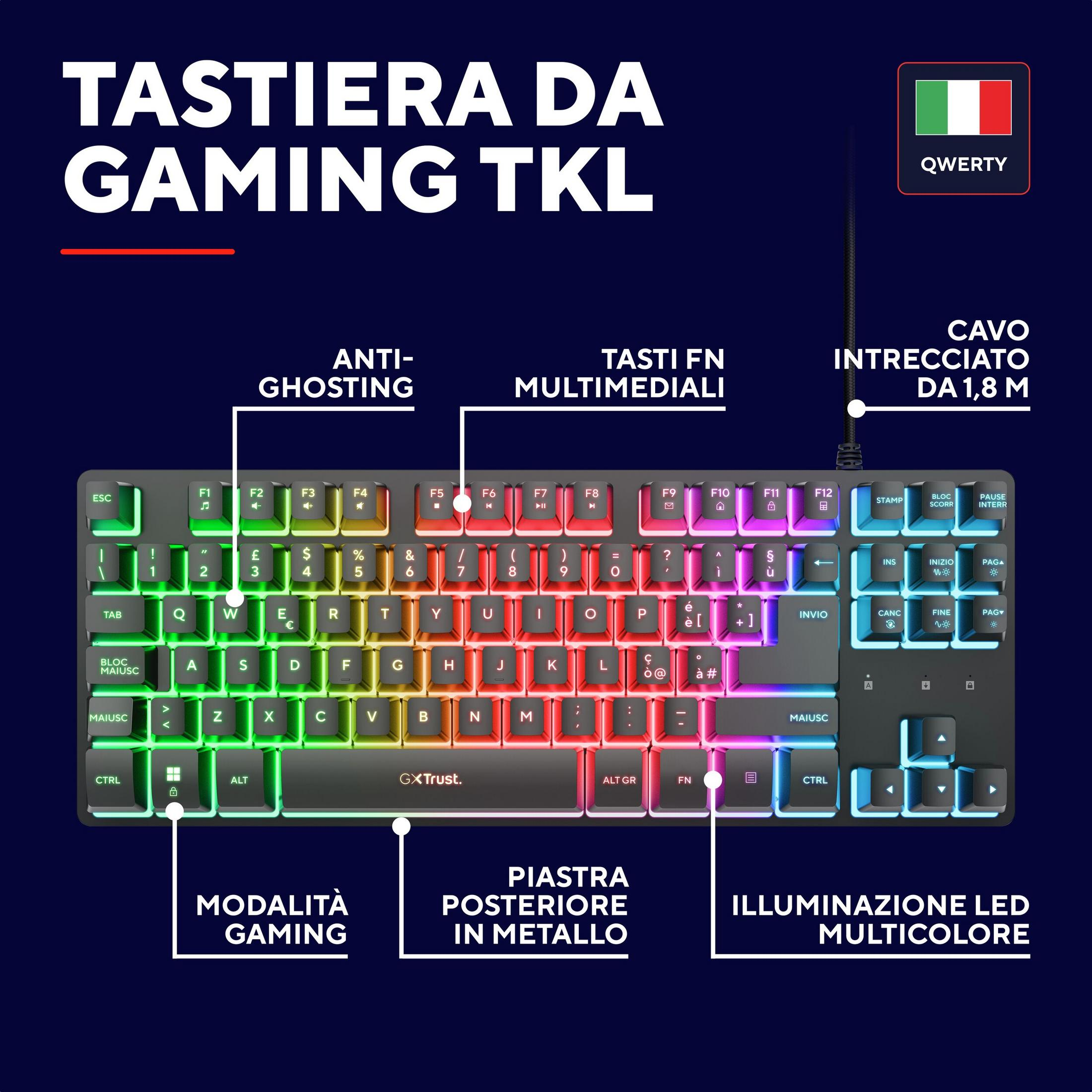 Un teclado gaming con iluminación RGB, distribución italiana QWERTY y placa trasera metálica.