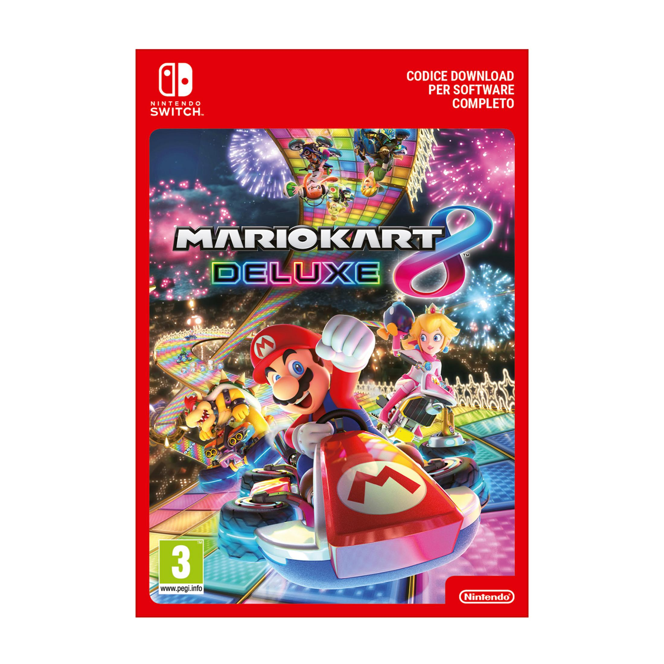 Mario, Peach und andere Charaktere fahren in Mario Kart 8 Deluxe auf einer Rennstrecke mit Feuerwerk.