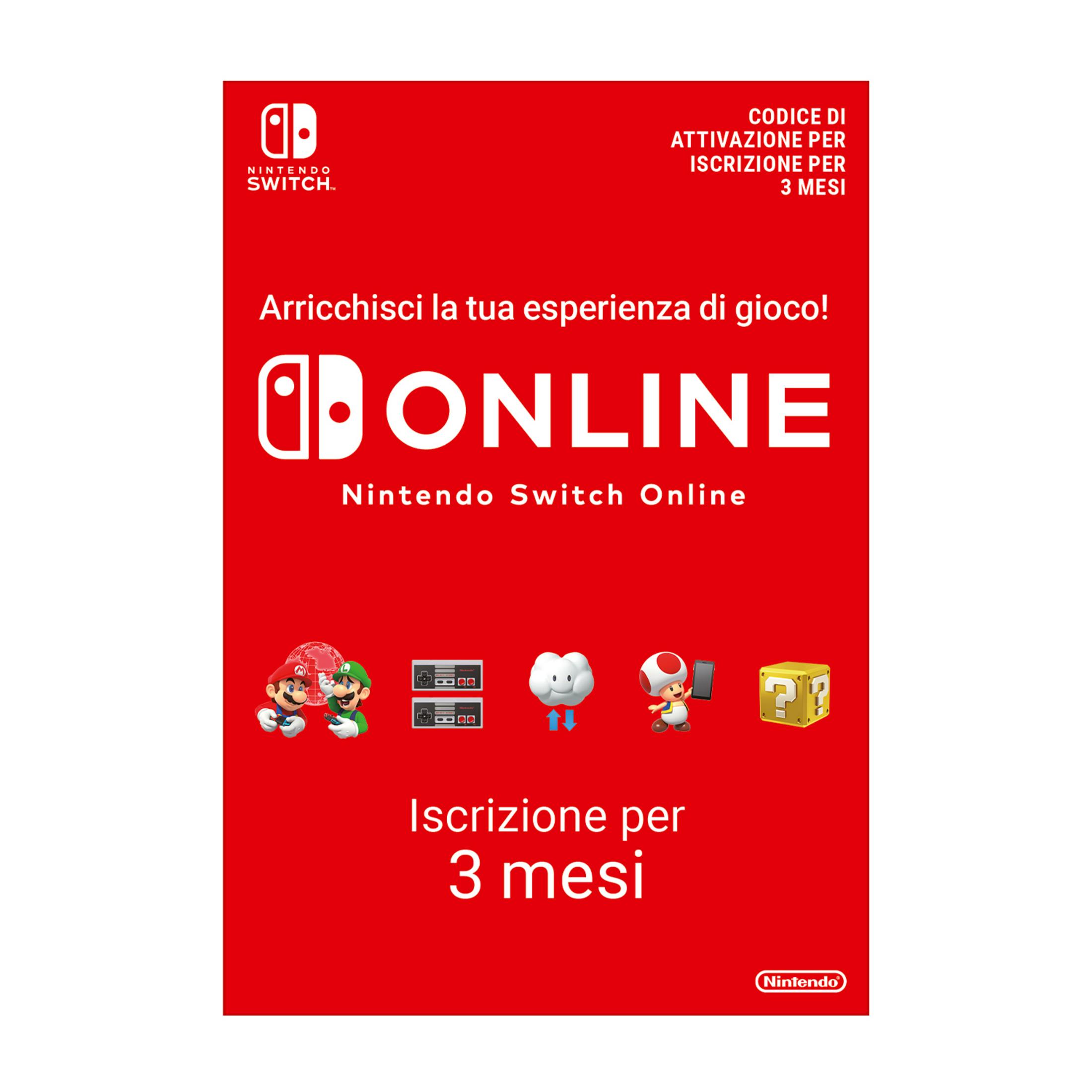 Nintendo Switch Online 3-Monats-Abo mit Mario, Luigi, Toad und Spielsymbolen.