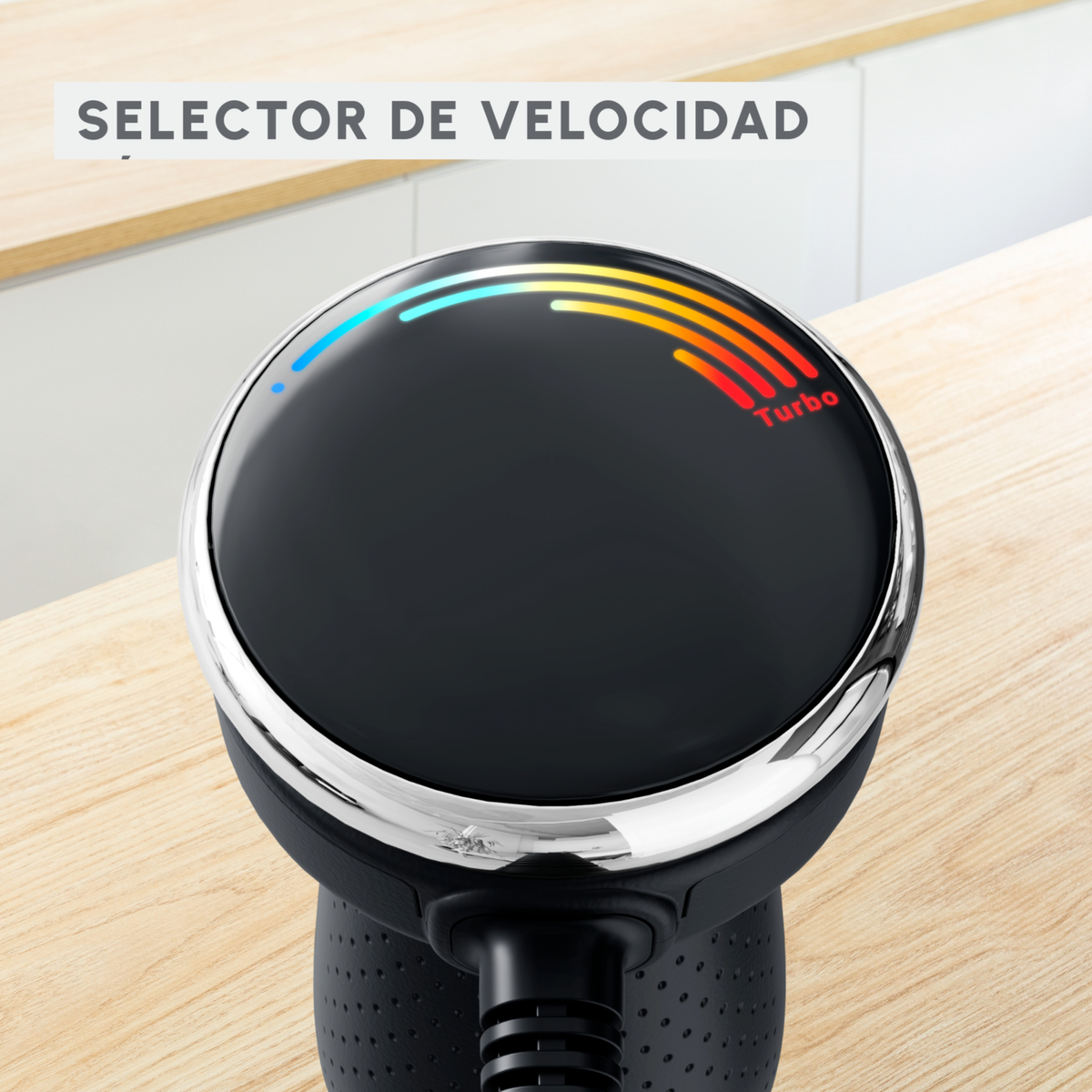 Czarny regulator prędkości ze wskaźnikiem świetlnym od niebieskiego do czerwonego.