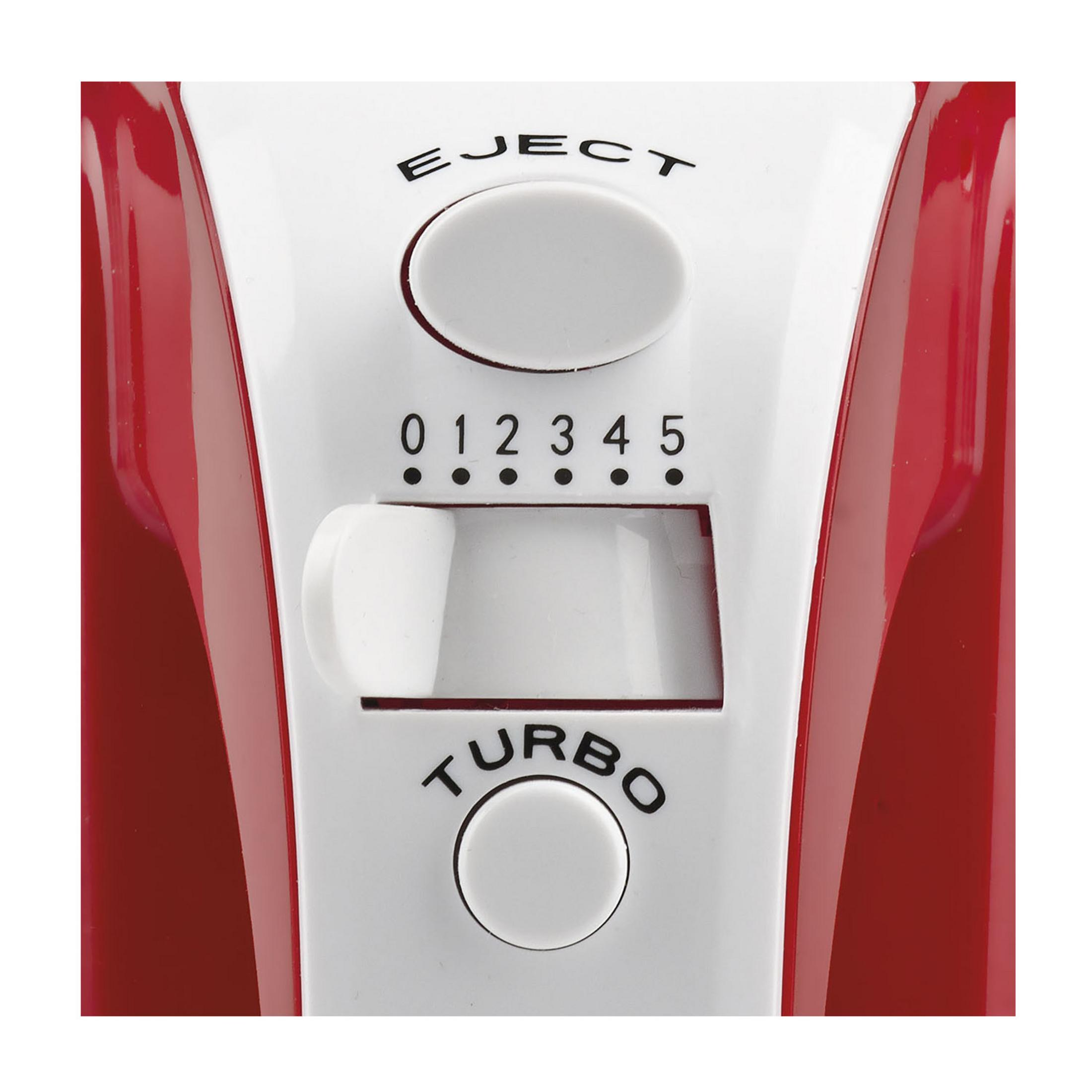 Controles de batidora roja y blanca: botón Eject, dial de velocidad 0-5, botón Turbo.