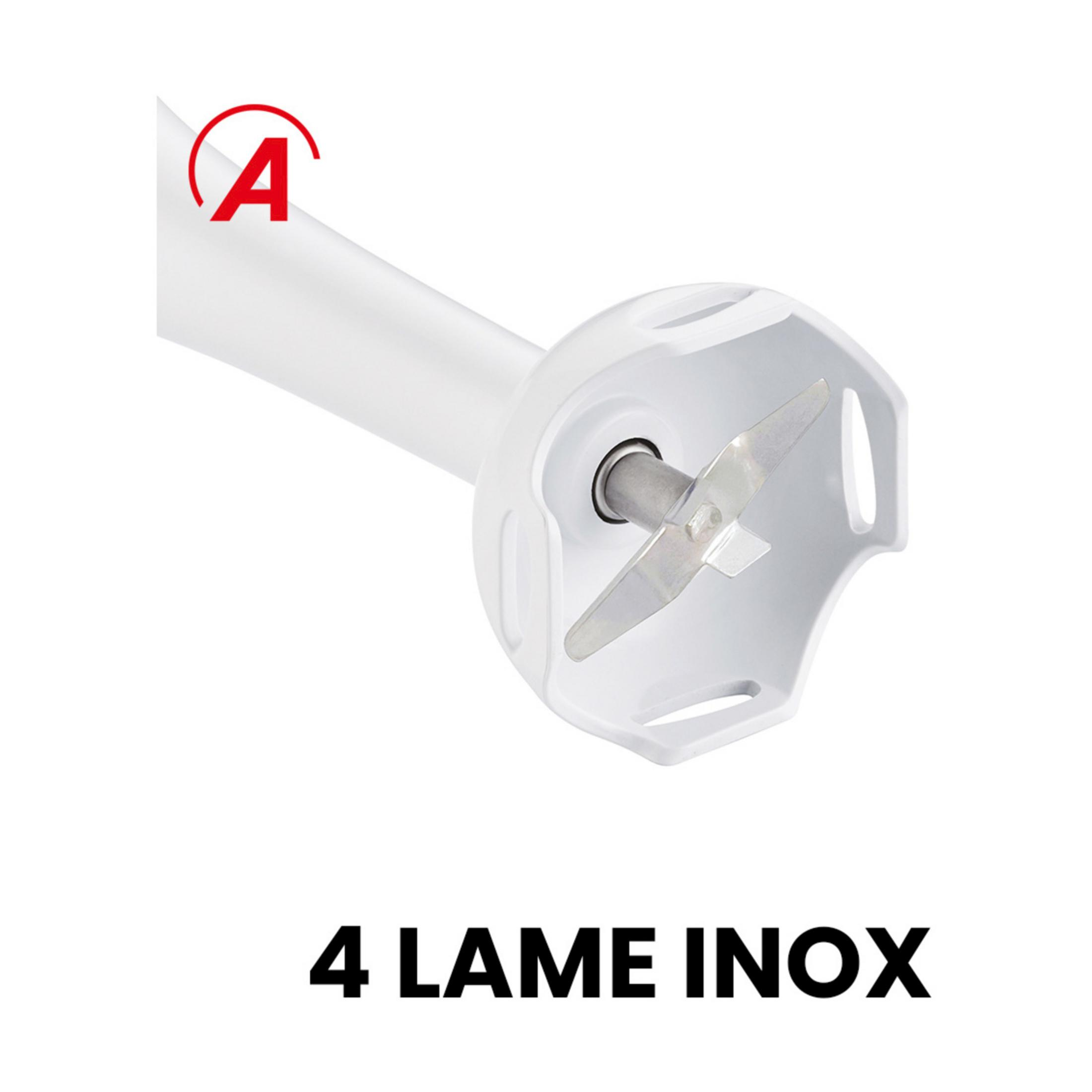 Biała stopa blendera ręcznego z czterema ostrzami ze stali nierdzewnej.