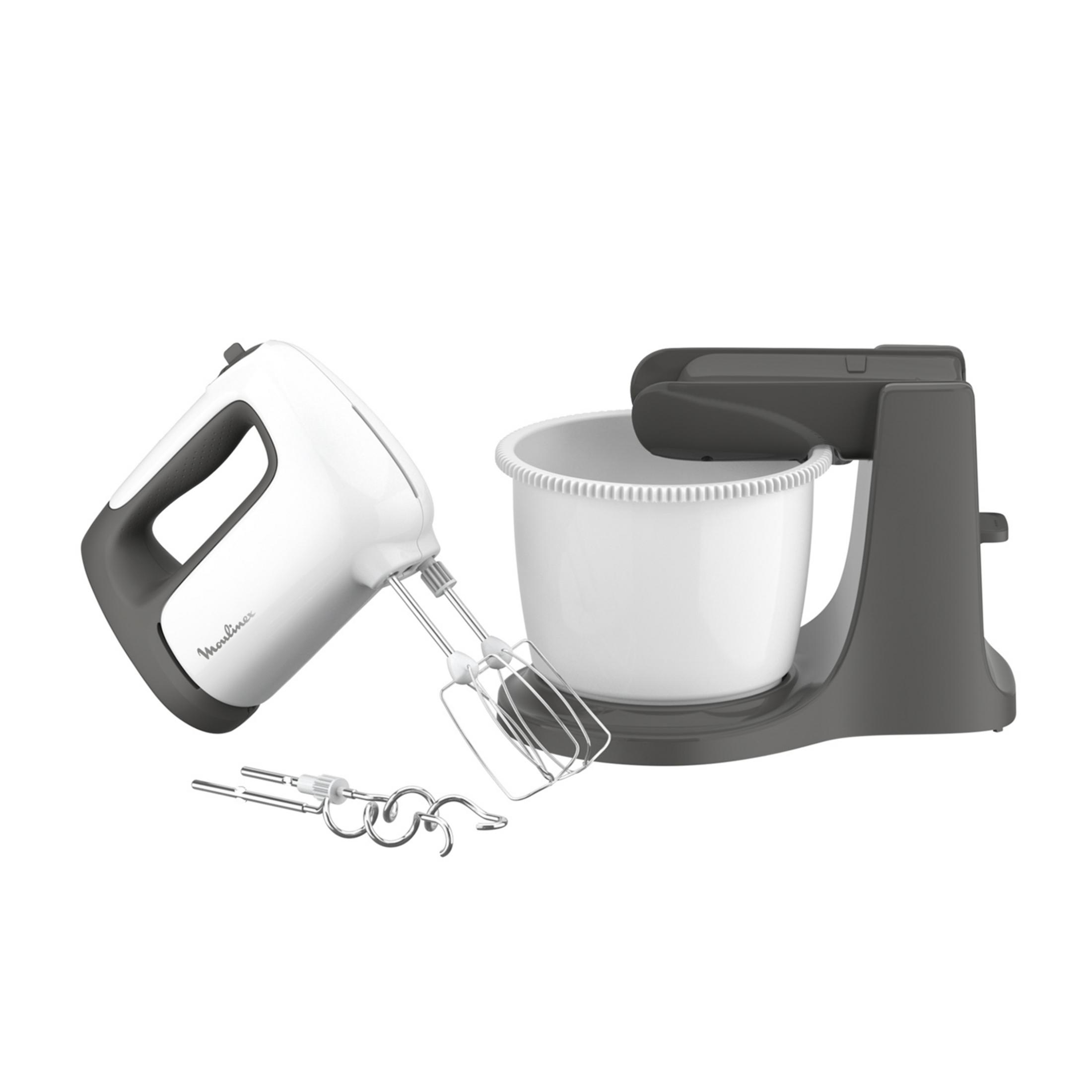 Ein weiß-grauer Handmixer mit Schüssel und Schneebesen.