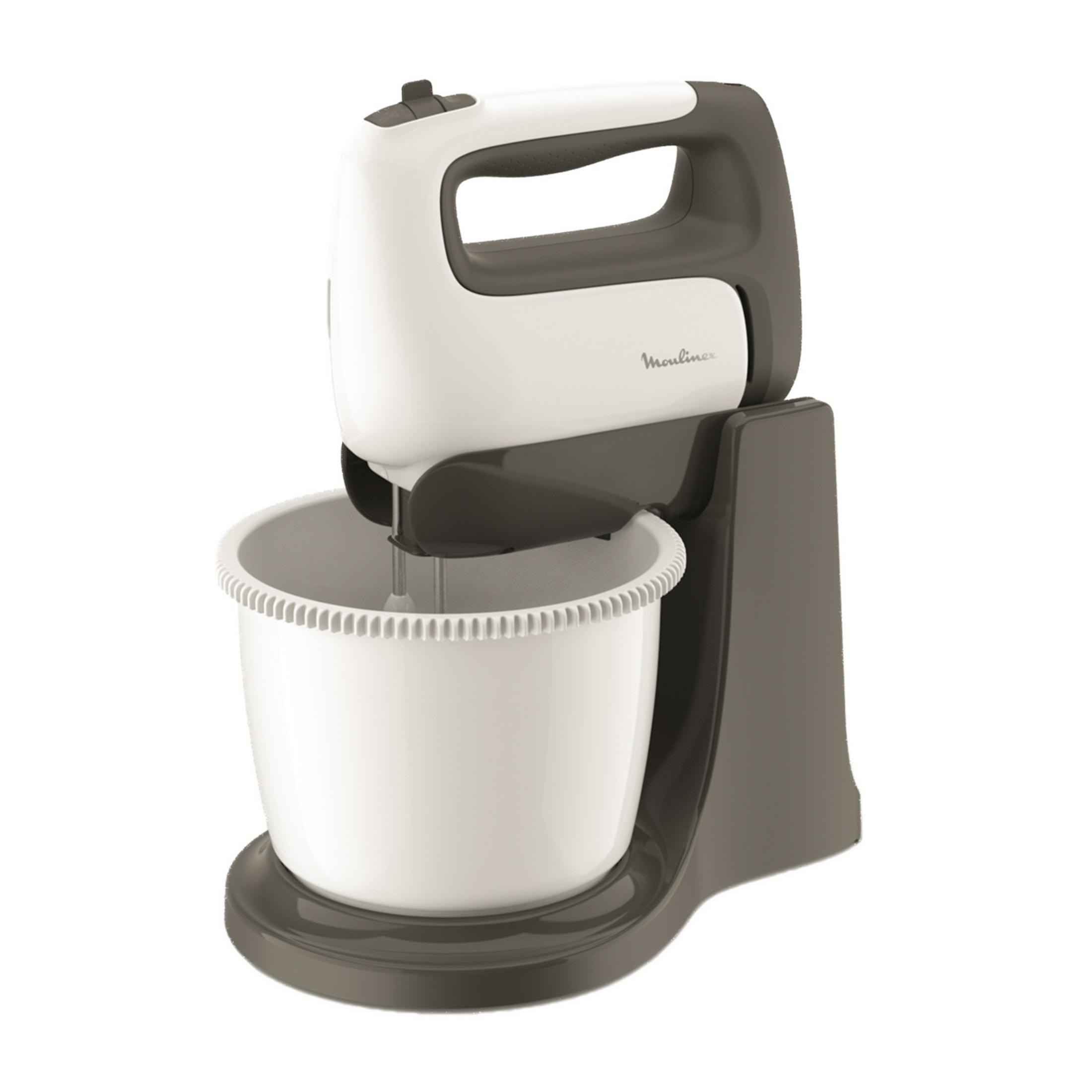 Ein weißer und grauer Handmixer mit Schüssel steht auf einem weißen Hintergrund.