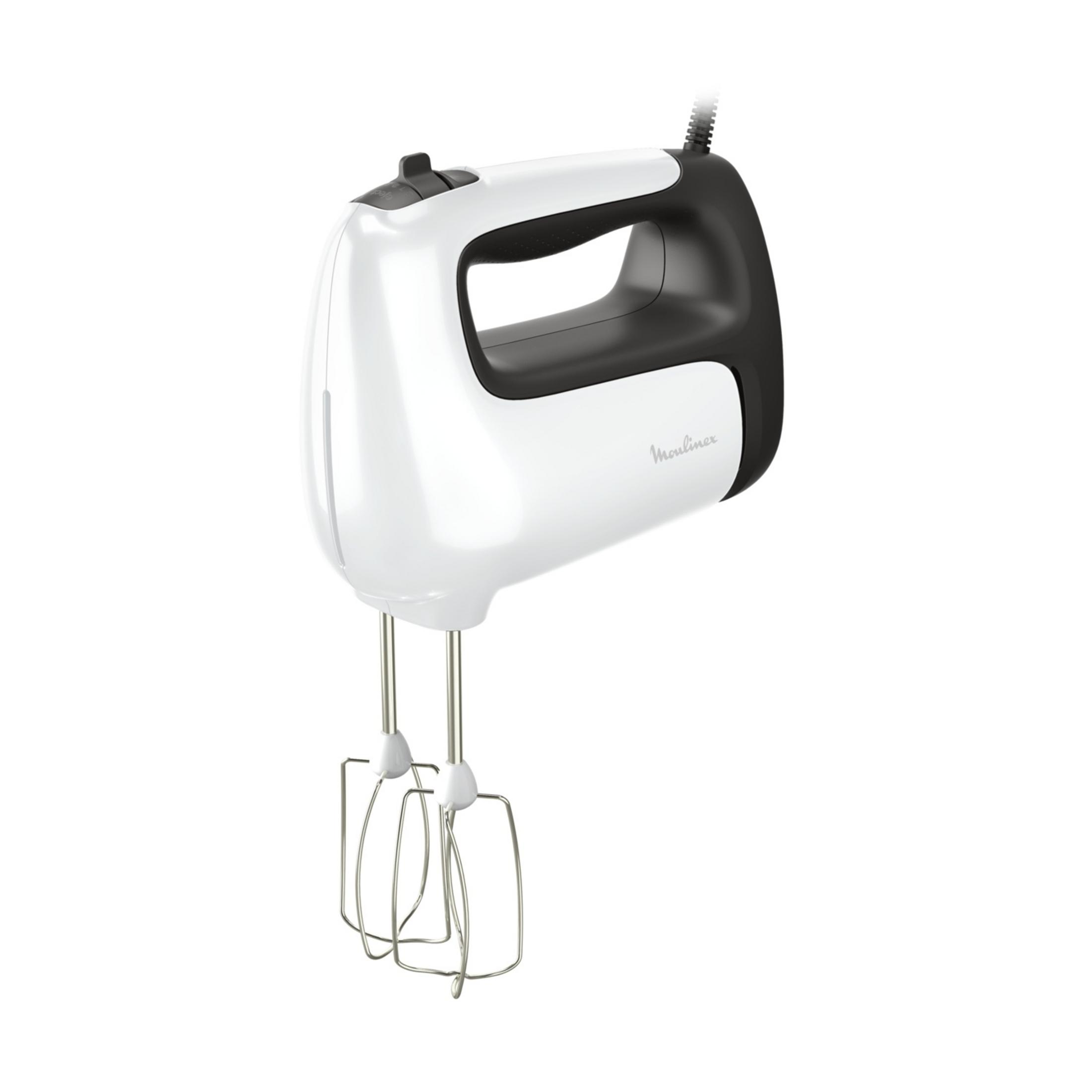 Ein weißer Handmixer mit schwarzem Griff und zwei Metallrührbesen.