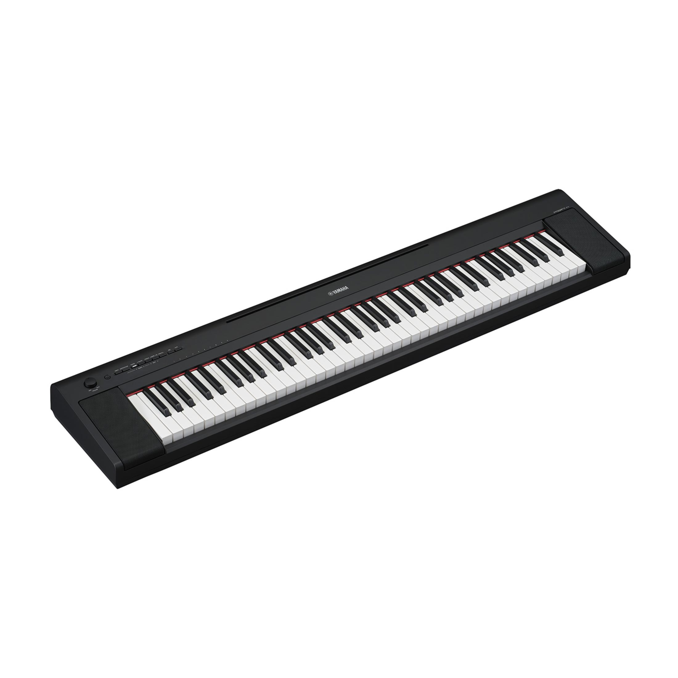 Czarny pianino cyfrowe Yamaha z białymi i czarnymi klawiszami.