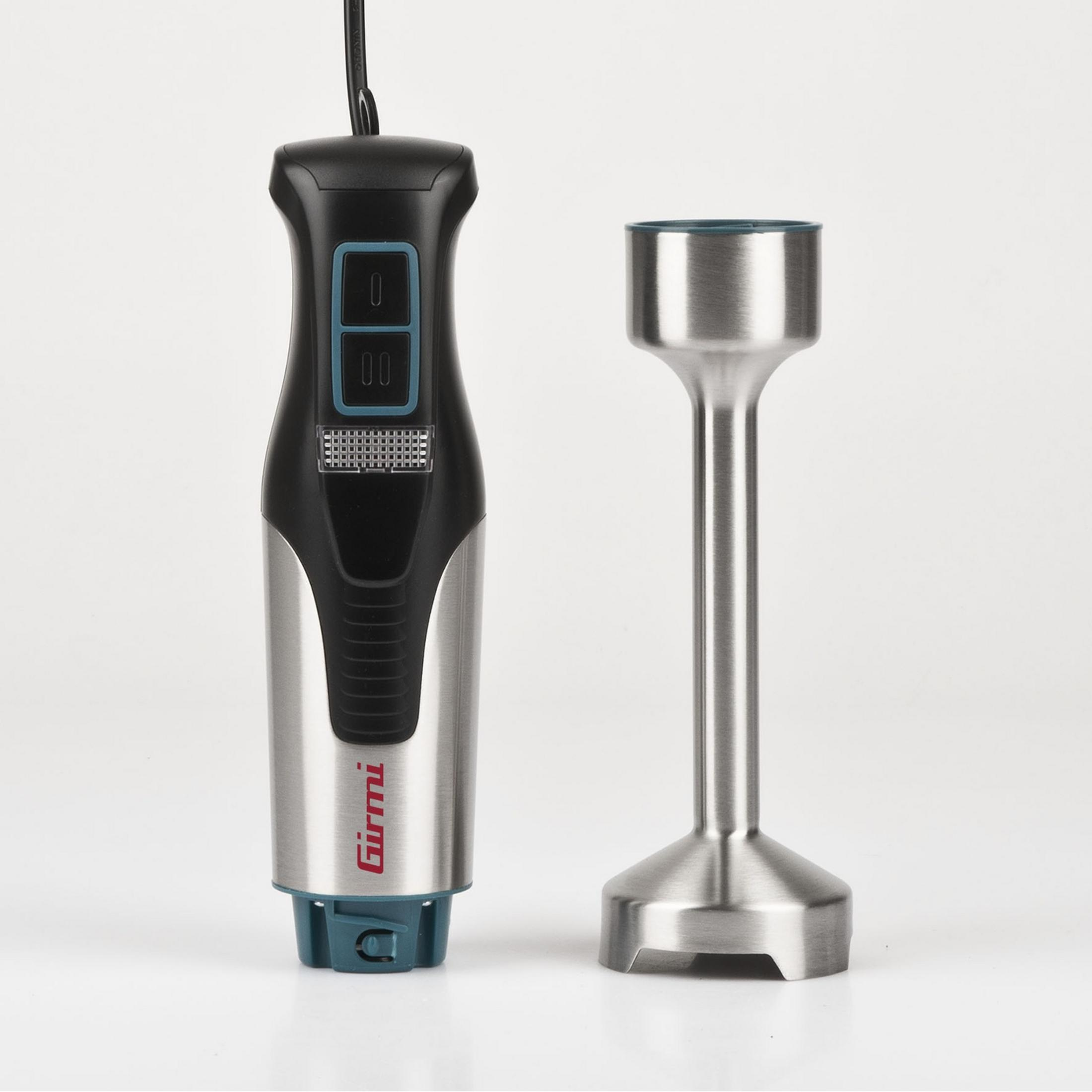 Czarny blender ręczny i jego srebrny metalowy trzon.