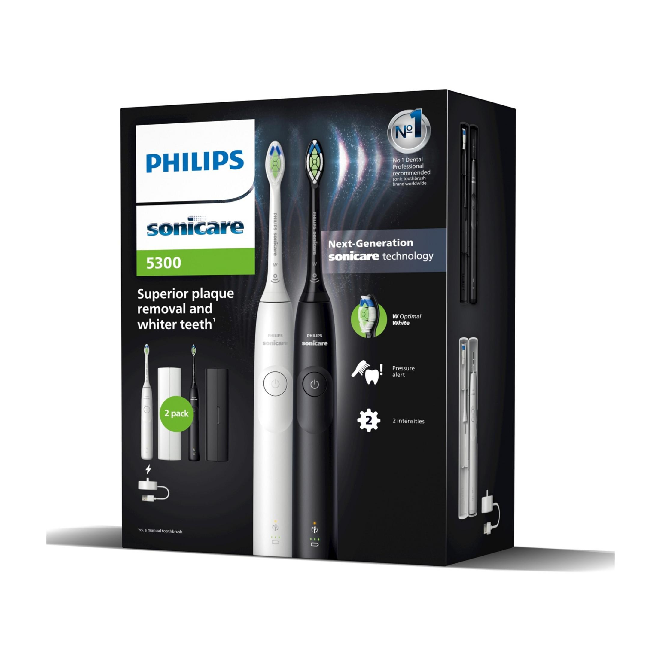 Pudełko z dwoma szczoteczkami Philips Sonicare 5300, białą i czarną.