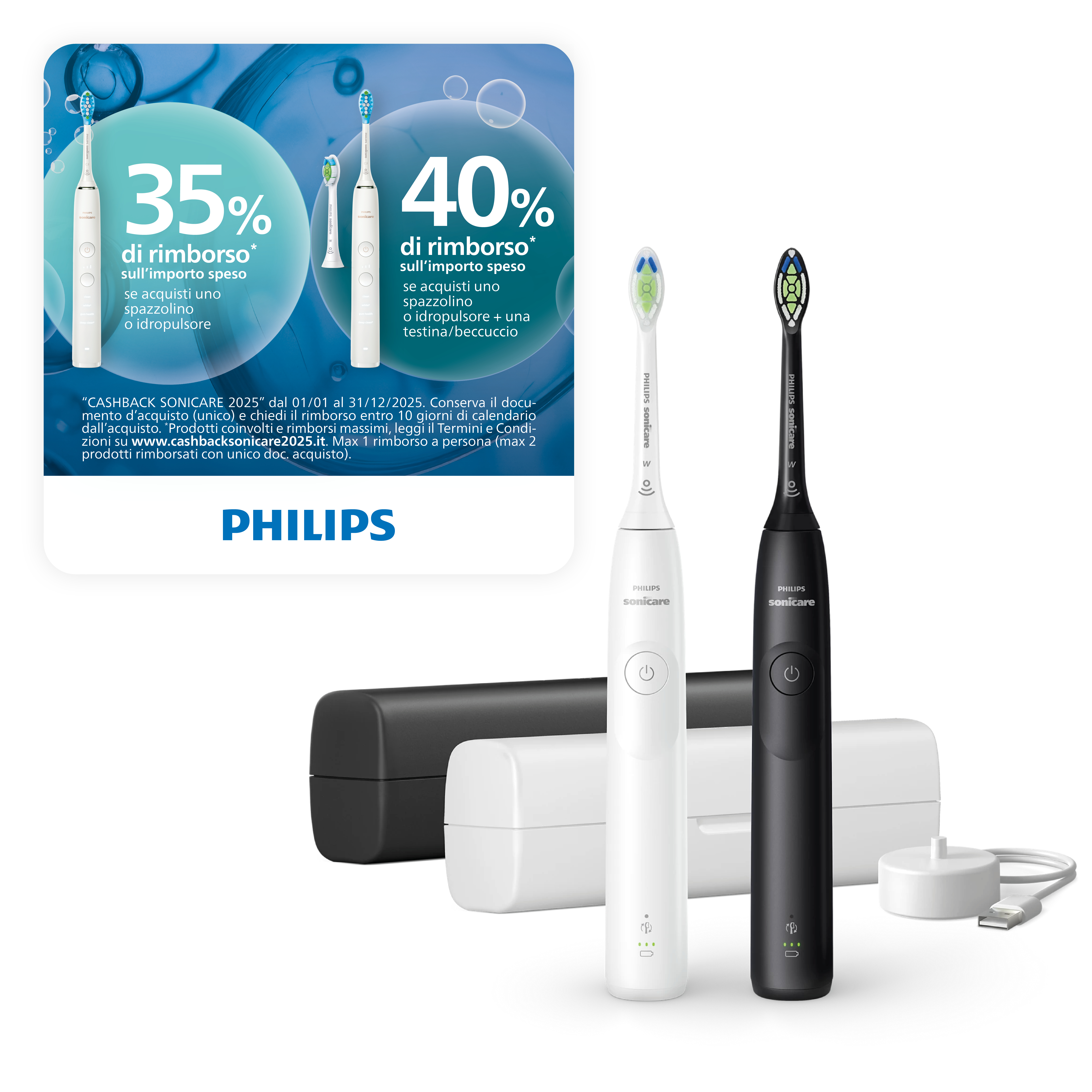 Dwa białe i czarne szczoteczki Philips Sonicare z ładowarką i etui.