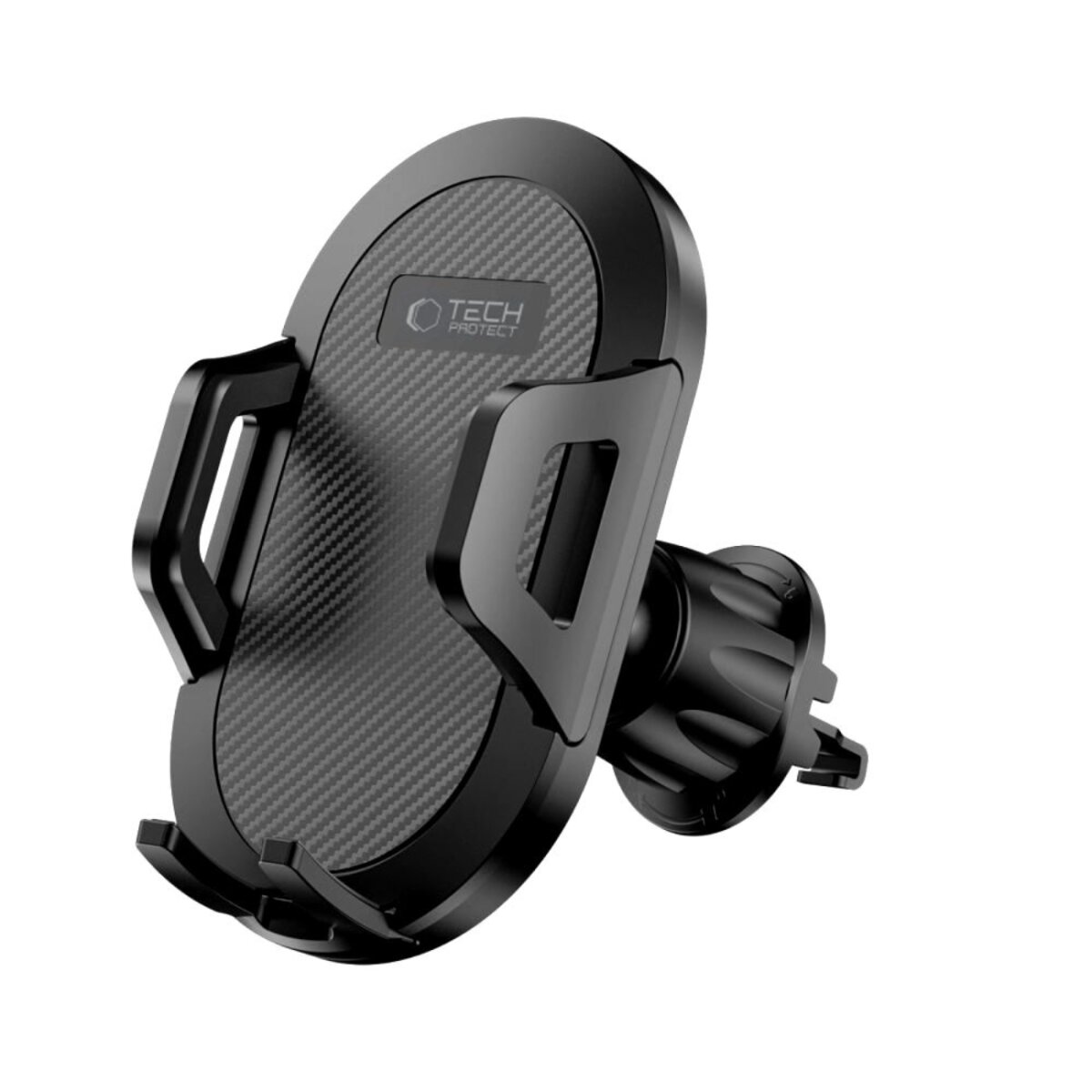 Ein schwarzer Handyhalter mit einem Carbon-Muster und einem Lüftungsschlitzbefestiger.