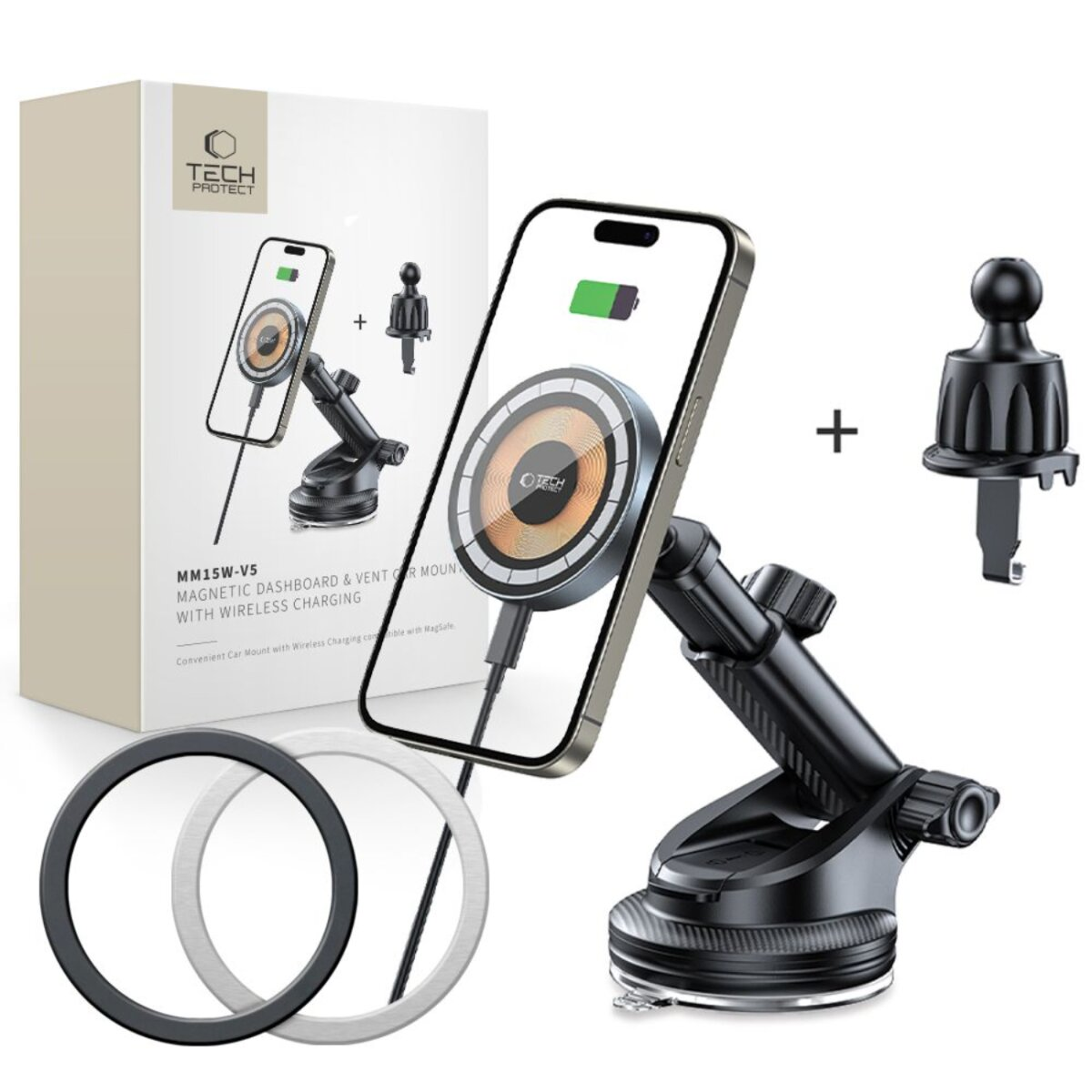 Tech Protect Handyhalterung mit Ladekabel, Saugnapf, Lüftungsklemme und Ringen.