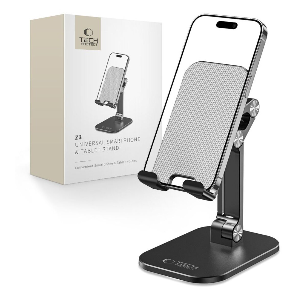 Ein schwarzer Smartphone-Ständer mit einem Telefon und einer Box im Hintergrund.