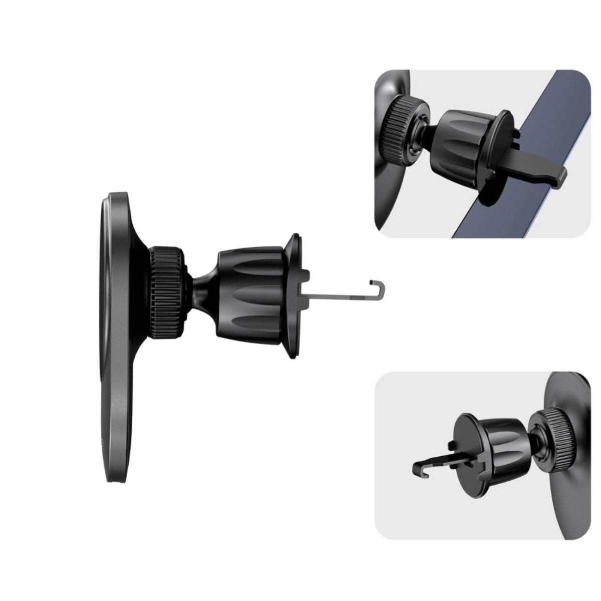 Schwarzer Handyhalter mit Haken und Saugnapf, Nahaufnahme.