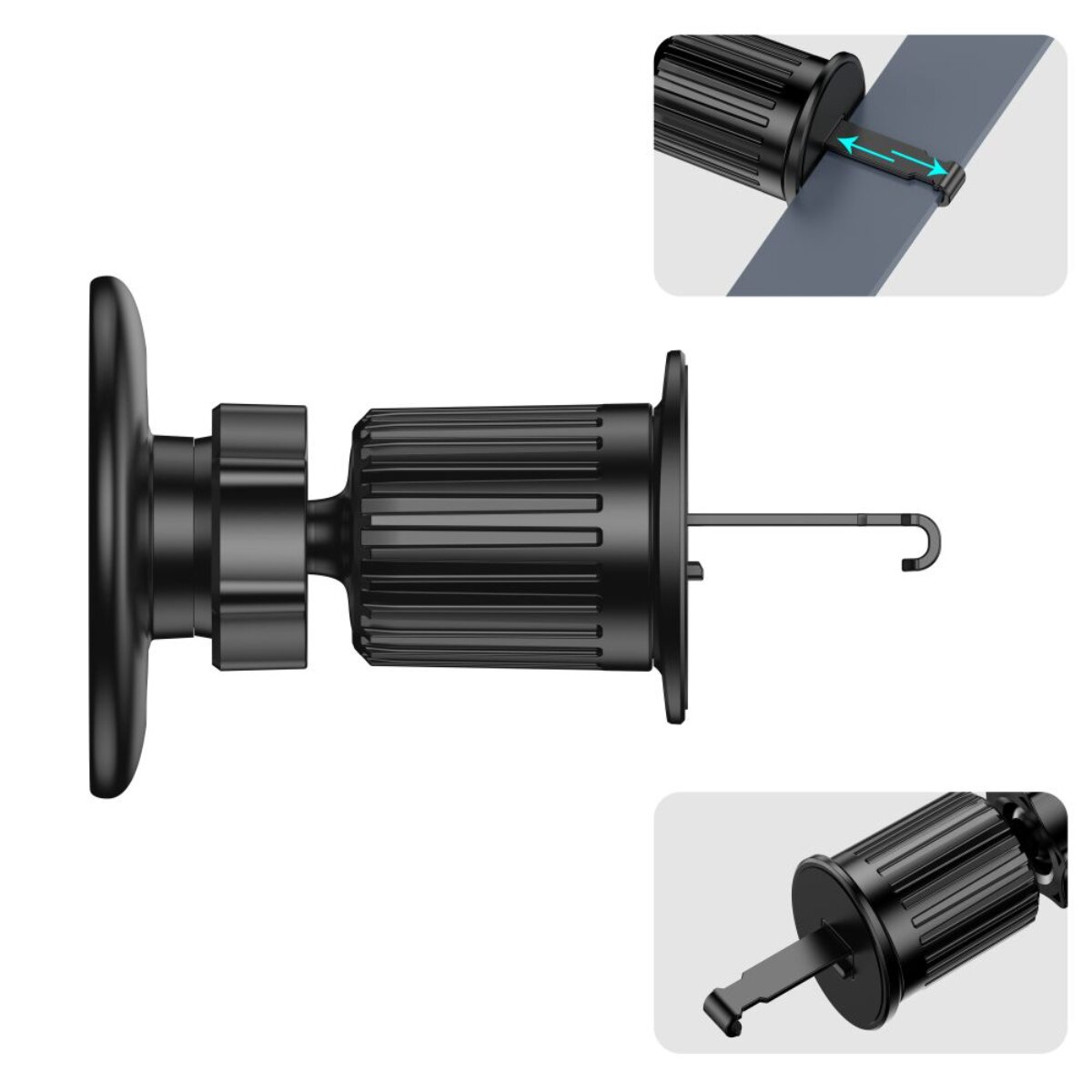 Ein schwarzer Autoluftauslasshalter mit Haken und zwei Detailansichten.