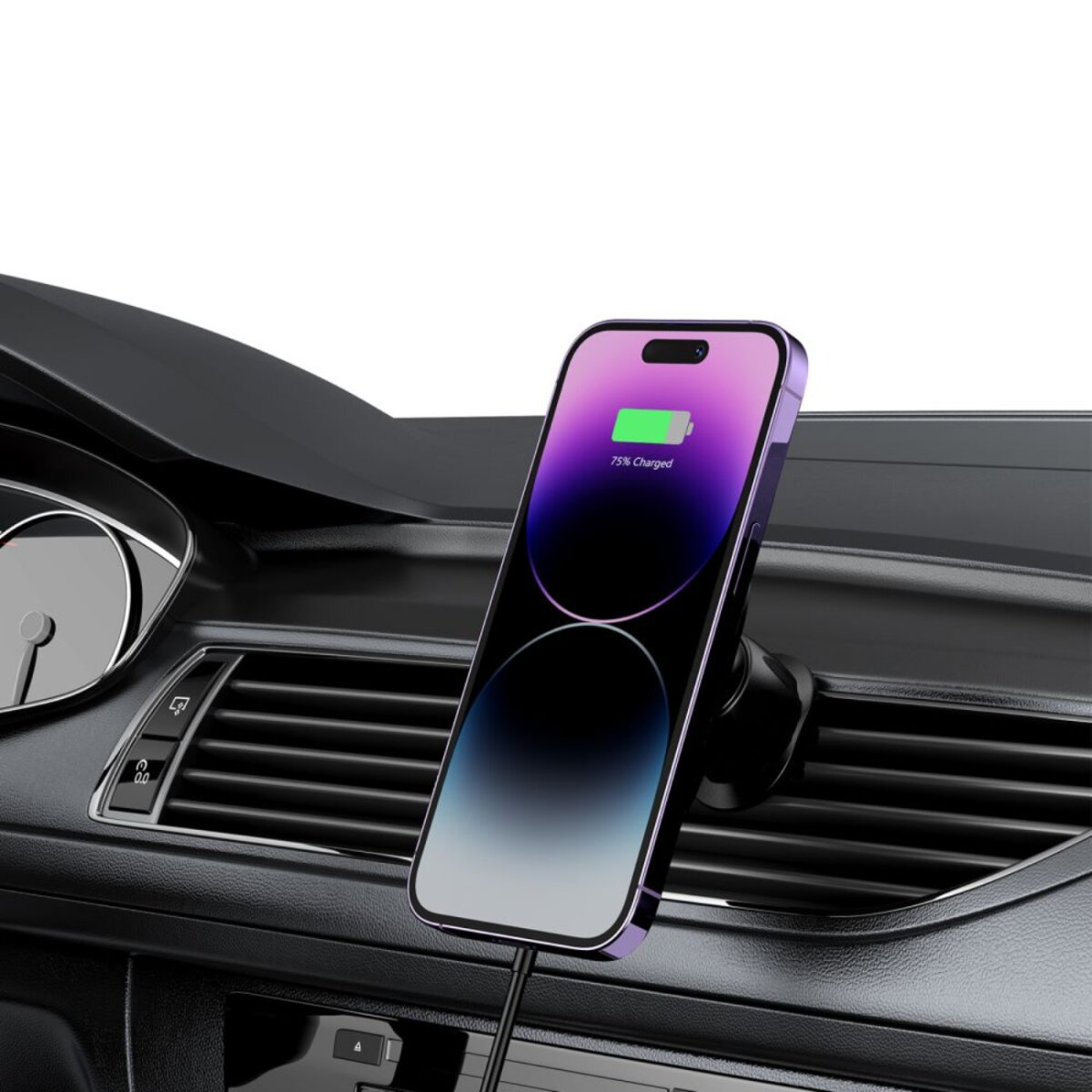 Lila iPhone an Ladehalterung im Auto. 75% Ladung angezeigt.