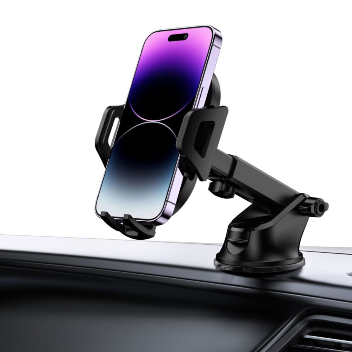 Ein schwarzer Autohalter hält ein Smartphone mit lila Hintergrund.