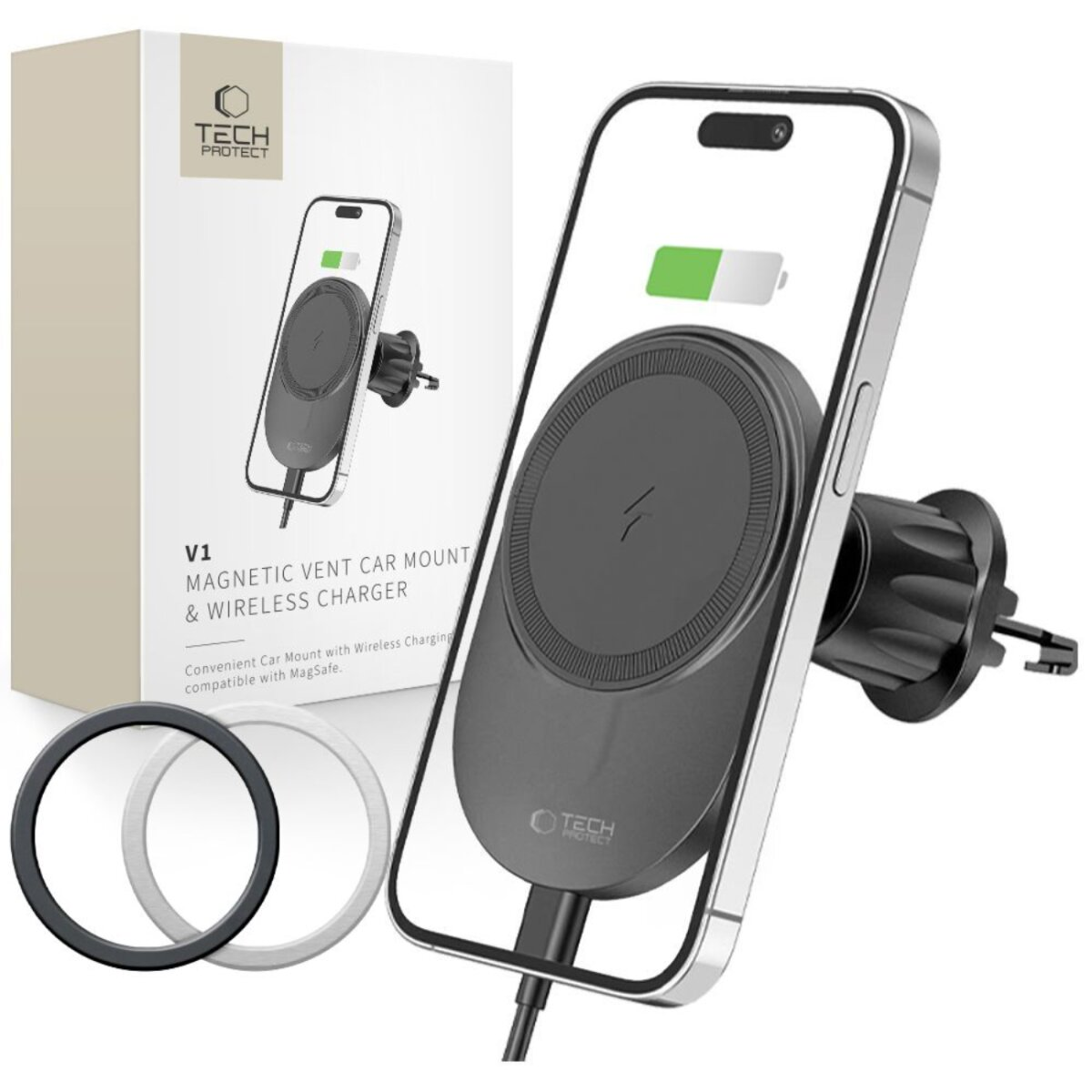 Magnetische Autohalterung mit kabellosem Ladegerät und einem iPhone.