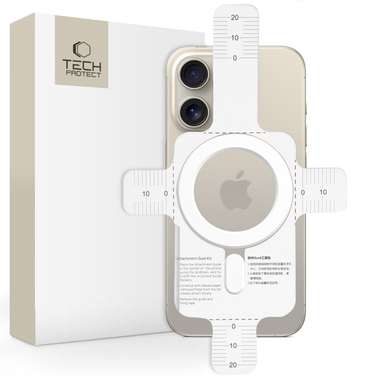 Tech Protect Box und iPhone mit Anbringungsführung und Maßband.