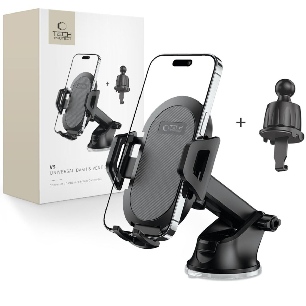 Ein schwarzer Handyhalter mit Saugnapf und Lüftungsclip, neben einer Produktverpackung.