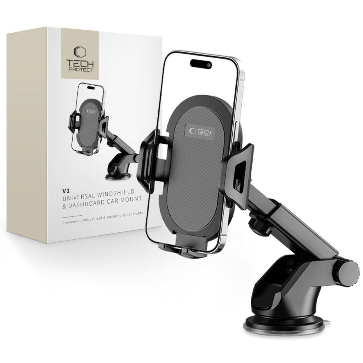 Ein schwarzer Kfz-Handyhalter mit Saugfuß und Handy auf weißem Hintergrund.