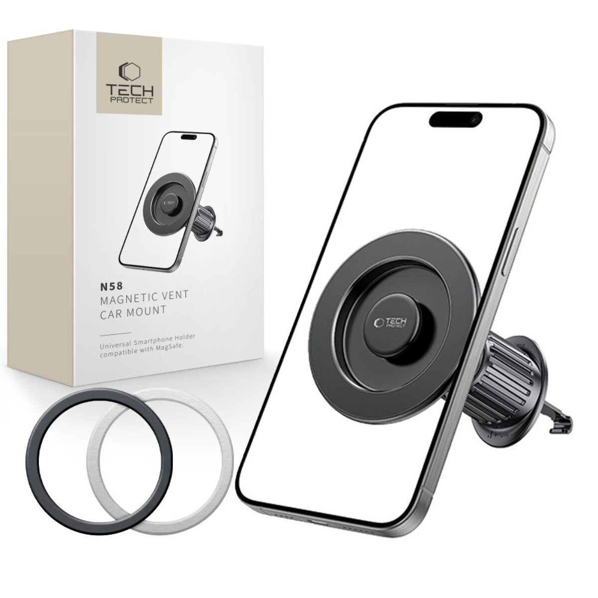 Tech Protect N58 magnetische Autohalterung mit Smartphone und Verpackung.